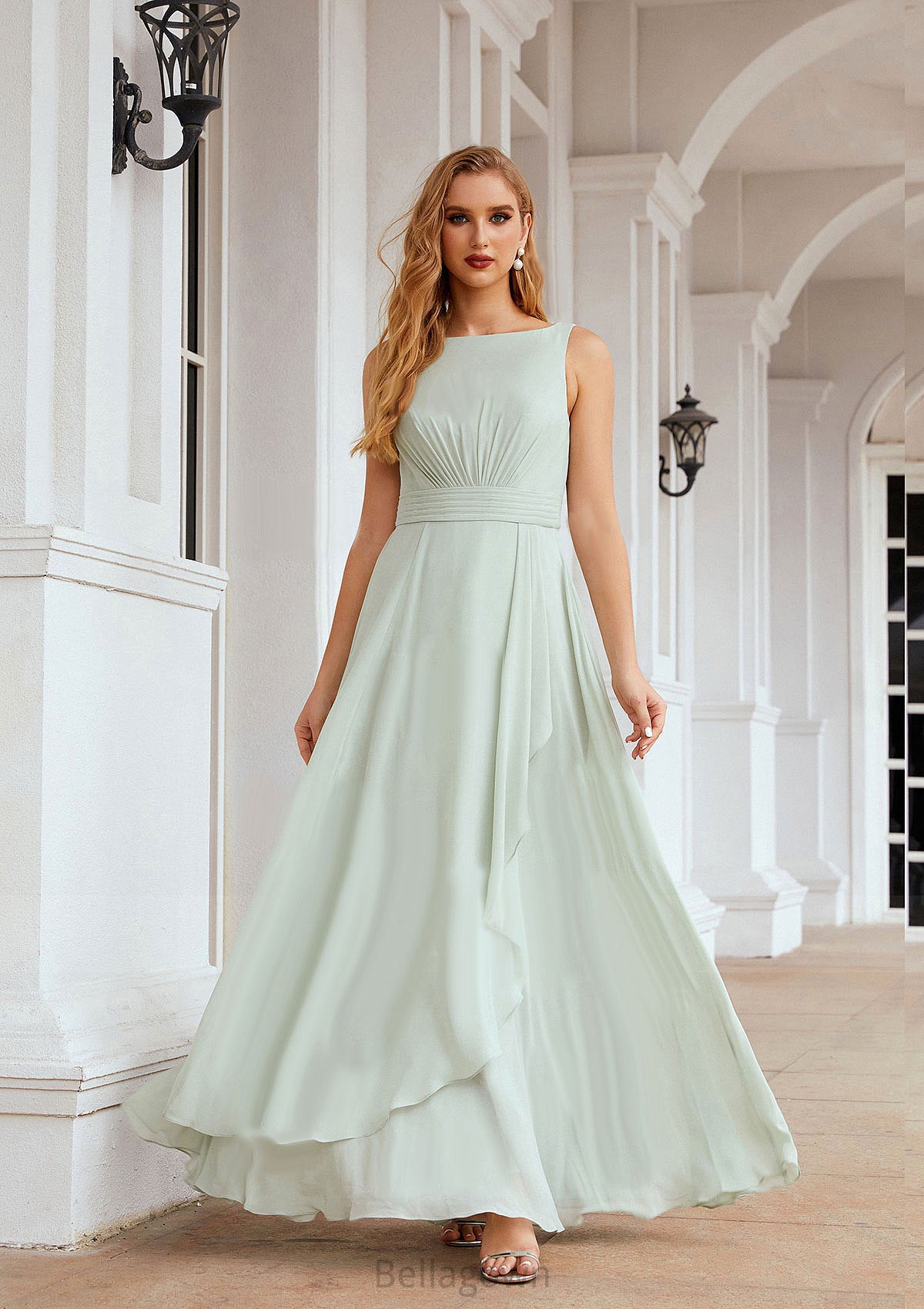 A-line Bateau Sleeveless Chiffon Long/Floor-Length Bridesmaid Dresses Ruffles Pleated Mireya DNP0025608