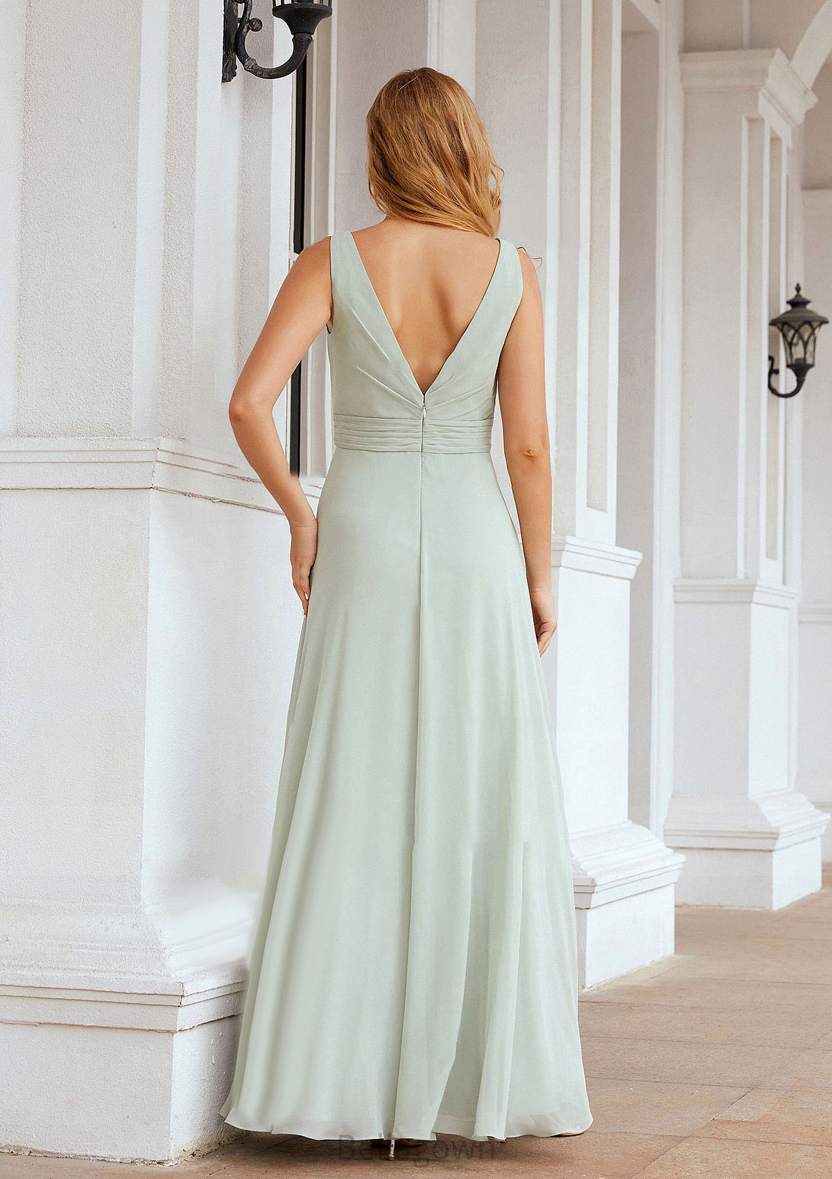 A-line Bateau Sleeveless Chiffon Long/Floor-Length Bridesmaid Dresses Ruffles Pleated Mireya DNP0025608