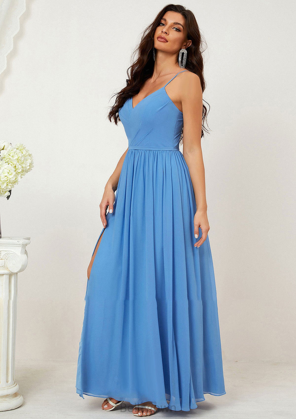 A-line V Neck Sleeveless Chiffon Long/Floor-Length Bridesmaid Dresses With Pleated Split Jazlynn DNP0025609