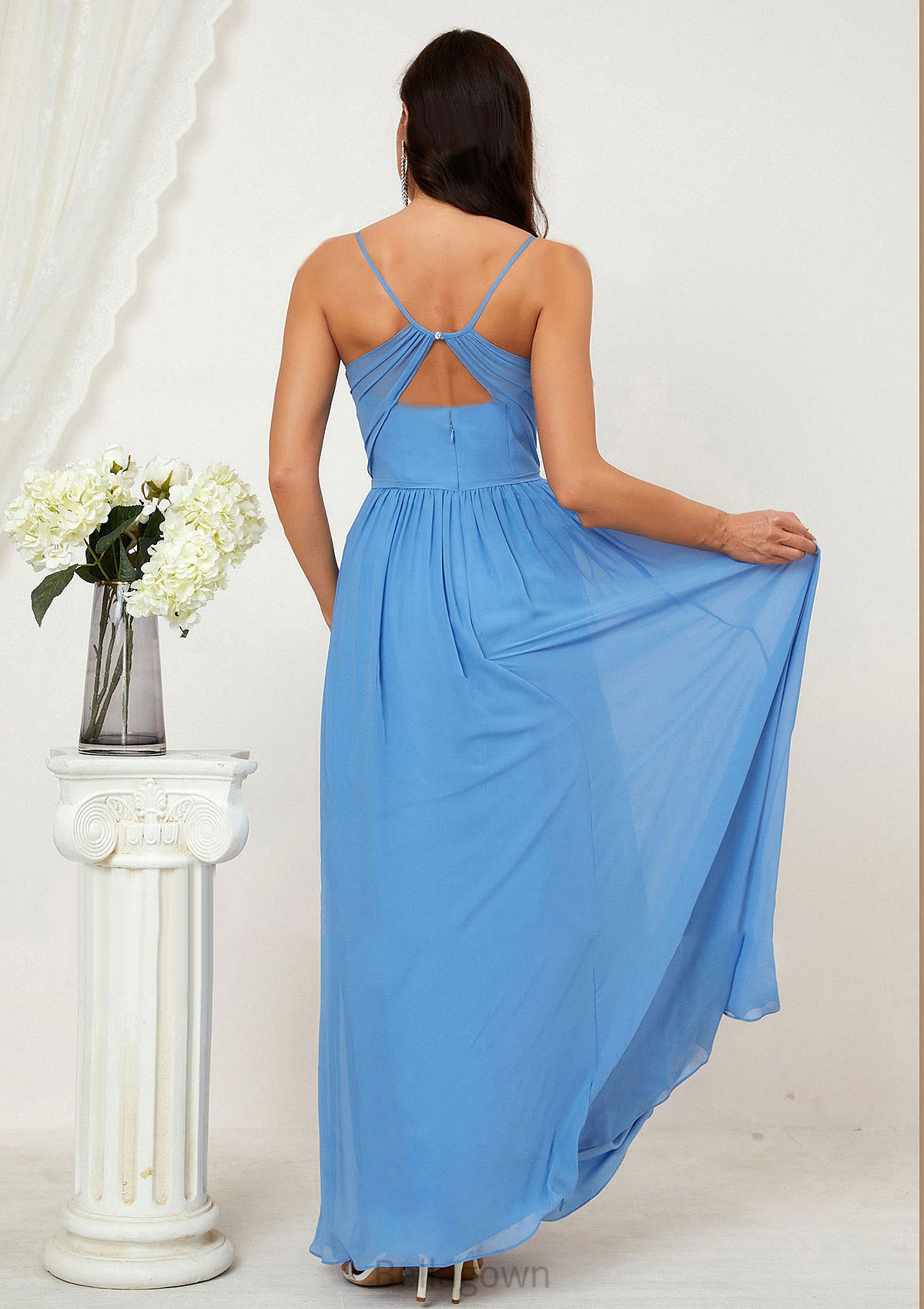 A-line V Neck Sleeveless Chiffon Long/Floor-Length Bridesmaid Dresses With Pleated Split Jazlynn DNP0025609