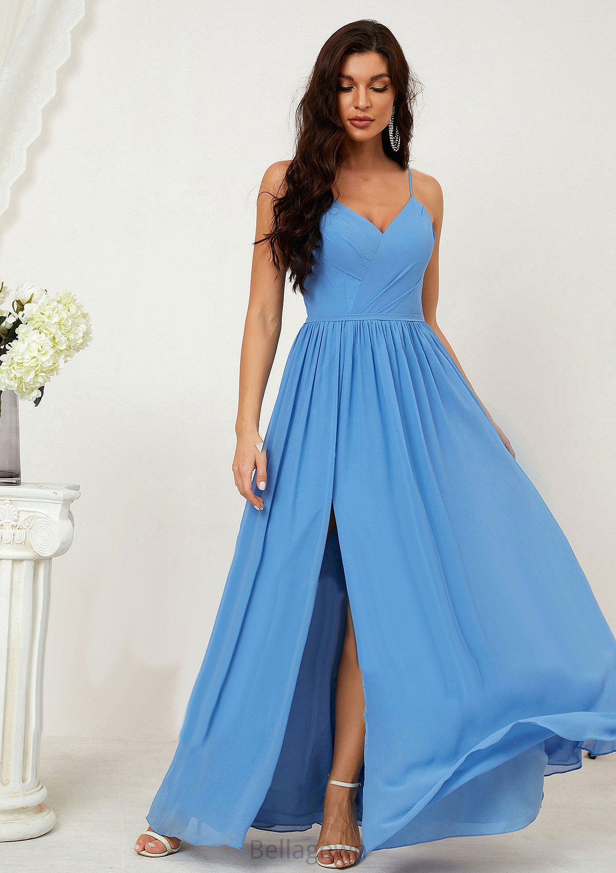 A-line V Neck Sleeveless Chiffon Long/Floor-Length Bridesmaid Dresses With Pleated Split Jazlynn DNP0025609