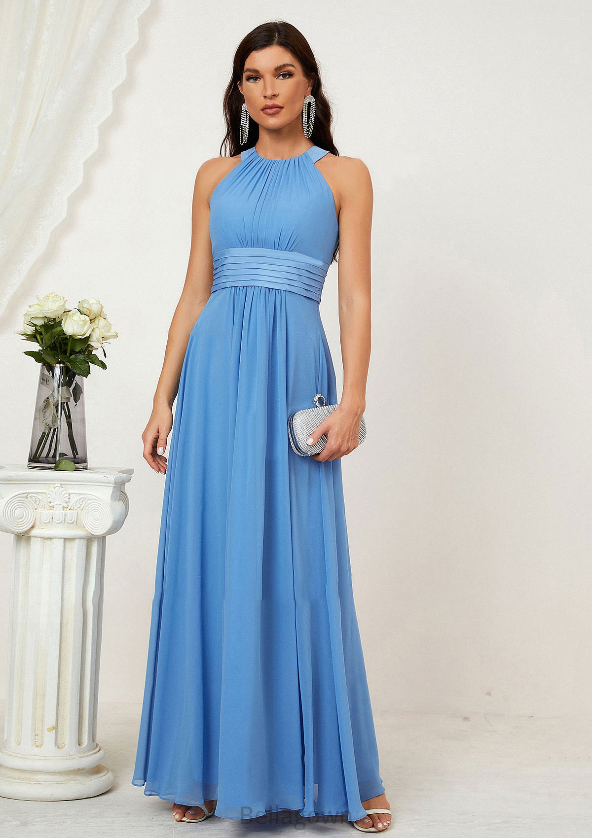 A-line Halter Sleeveless Chiffon Long/Floor-Length Bridesmaid Dresses With Pleated Kamila DNP0025610