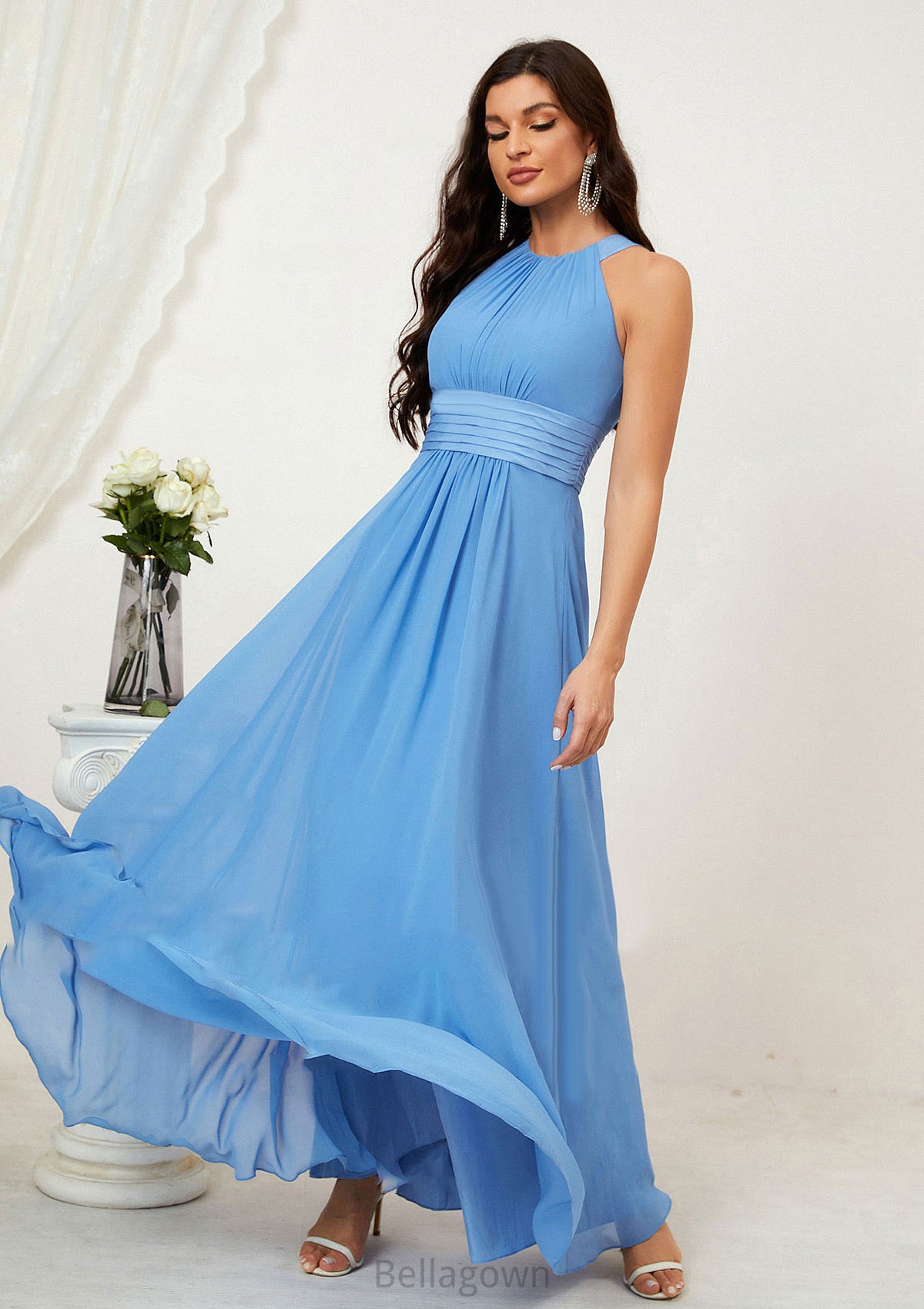 A-line Halter Sleeveless Chiffon Long/Floor-Length Bridesmaid Dresses With Pleated Kamila DNP0025610