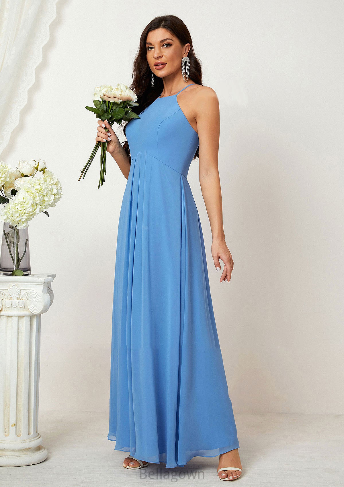 A-line Empire Halter Sleeveless Chiffon Long/Floor-Length Bridesmaid Dresses With Ruffles Ashlee DNP0025611