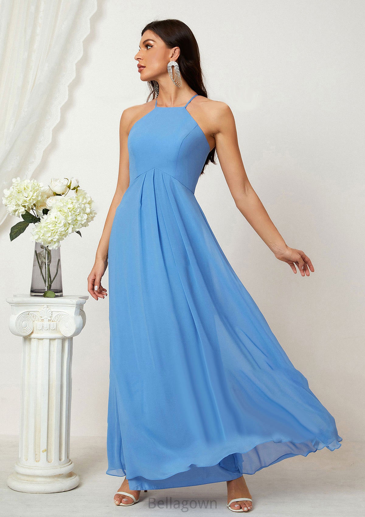 A-line Empire Halter Sleeveless Chiffon Long/Floor-Length Bridesmaid Dresses With Ruffles Ashlee DNP0025611