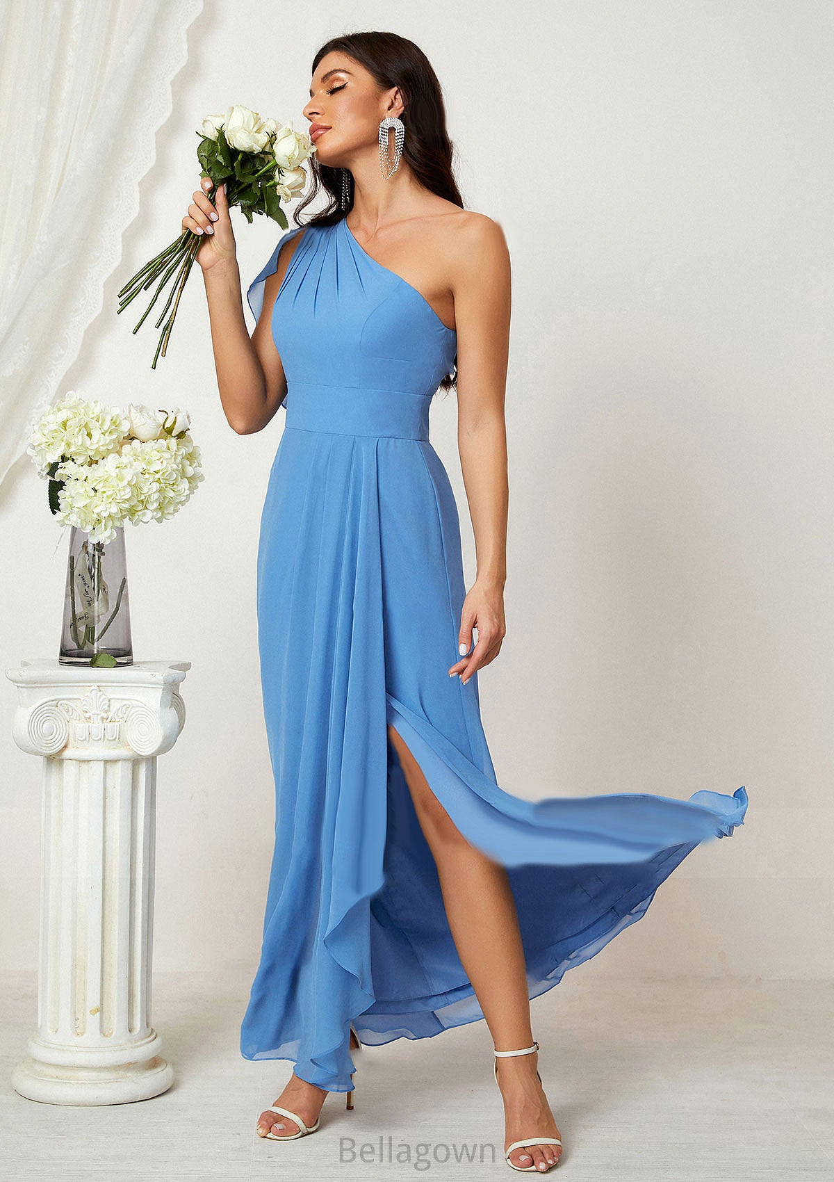 A-line One-Shoulder Sleeveless Chiffon Long/Floor-Length Bridesmaid Dresses With Pleated Split Mattie DNP0025613