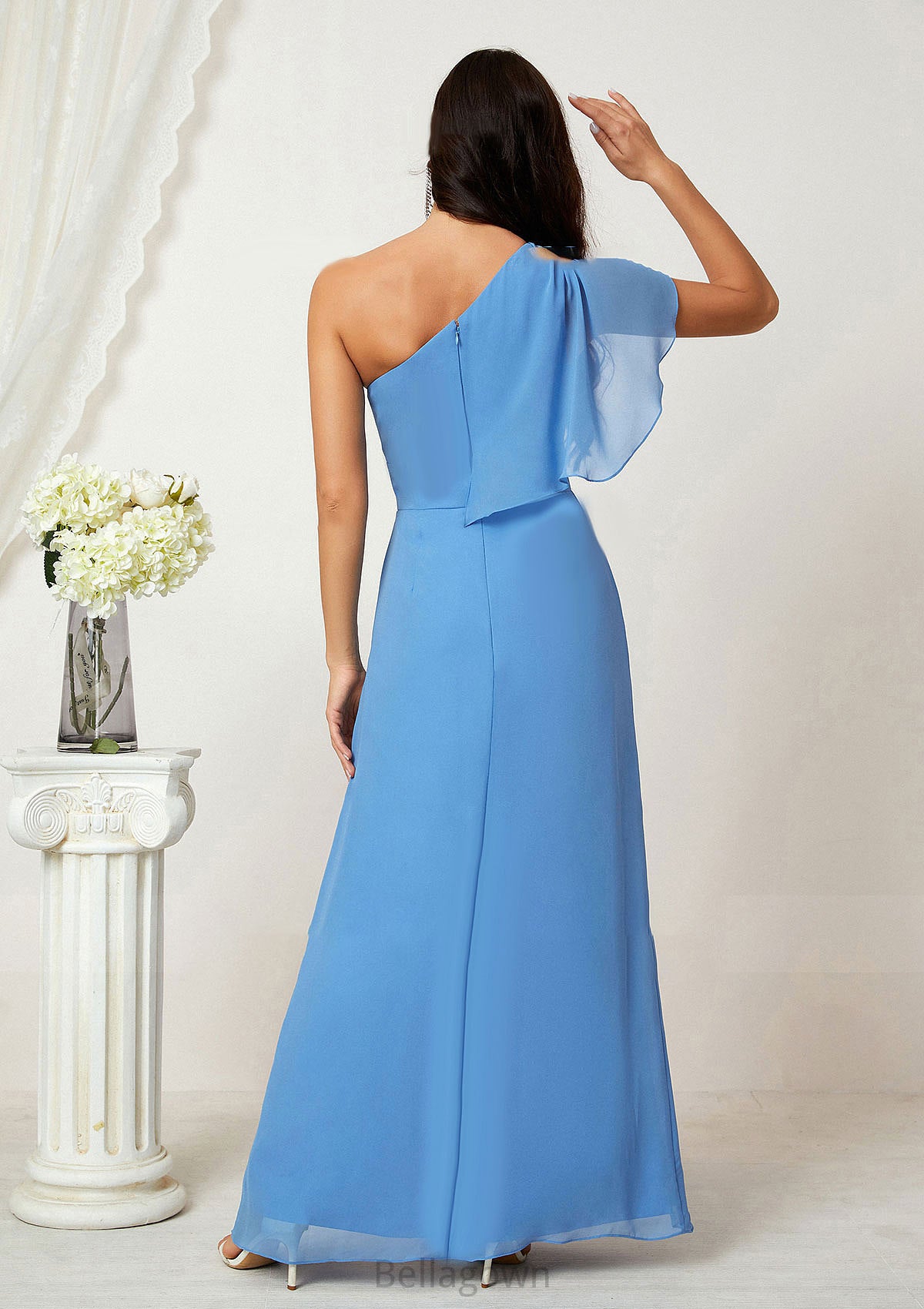 A-line One-Shoulder Sleeveless Chiffon Long/Floor-Length Bridesmaid Dresses With Pleated Split Mattie DNP0025613