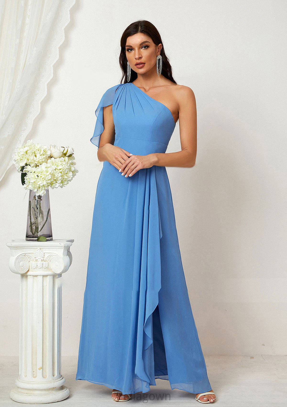 A-line One-Shoulder Sleeveless Chiffon Long/Floor-Length Bridesmaid Dresses With Pleated Split Mattie DNP0025613