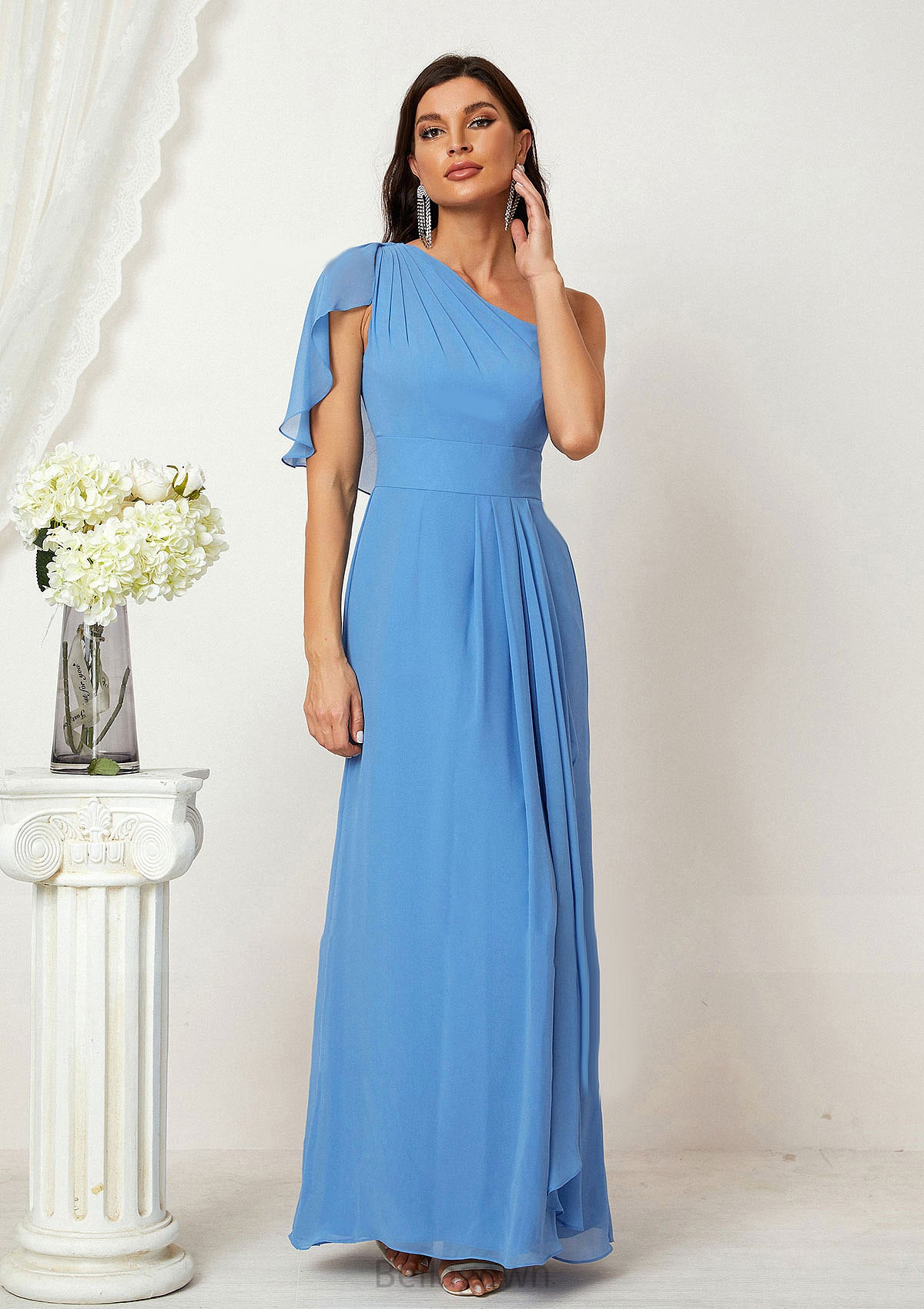 A-line One-Shoulder Sleeveless Chiffon Long/Floor-Length Bridesmaid Dresses With Pleated Split Mattie DNP0025613