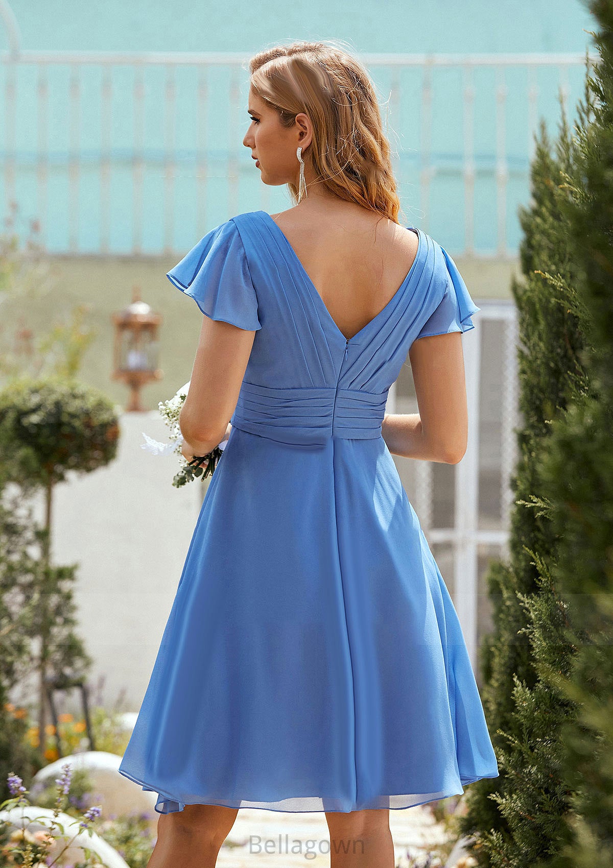 A-line V Neck Short Sleeve Chiffon Short/Mini Bridesmaid Dresses With Pleated Trudie DNP0025614