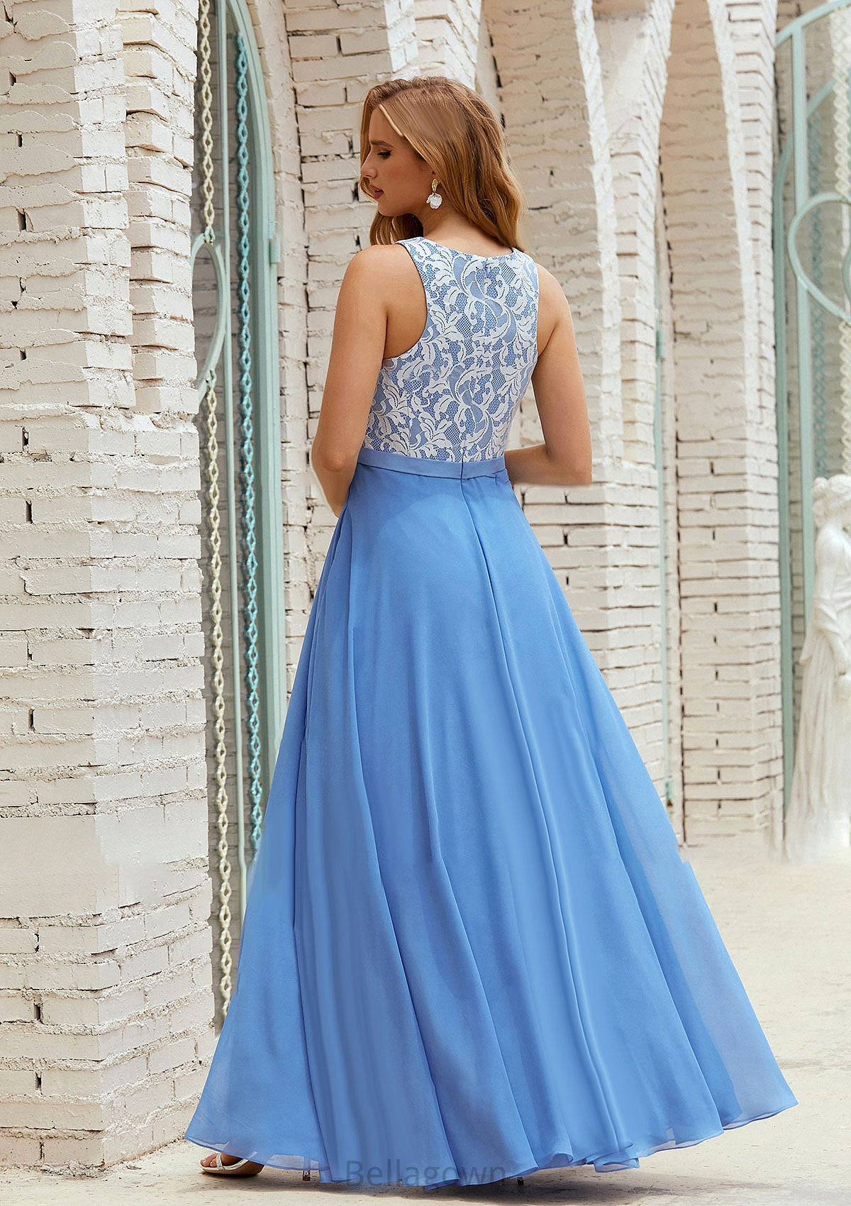 A-line Scoop Neck Sleeveless Chiffon Long/Floor-Length Bridesmaid Dresses With Pockets Lace Brylee DNP0025616