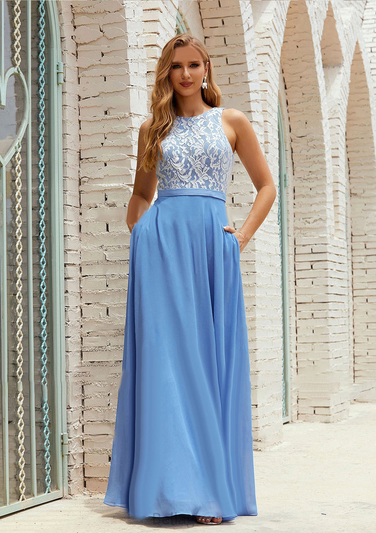 A-line Scoop Neck Sleeveless Chiffon Long/Floor-Length Bridesmaid Dresses With Pockets Lace Brylee DNP0025616