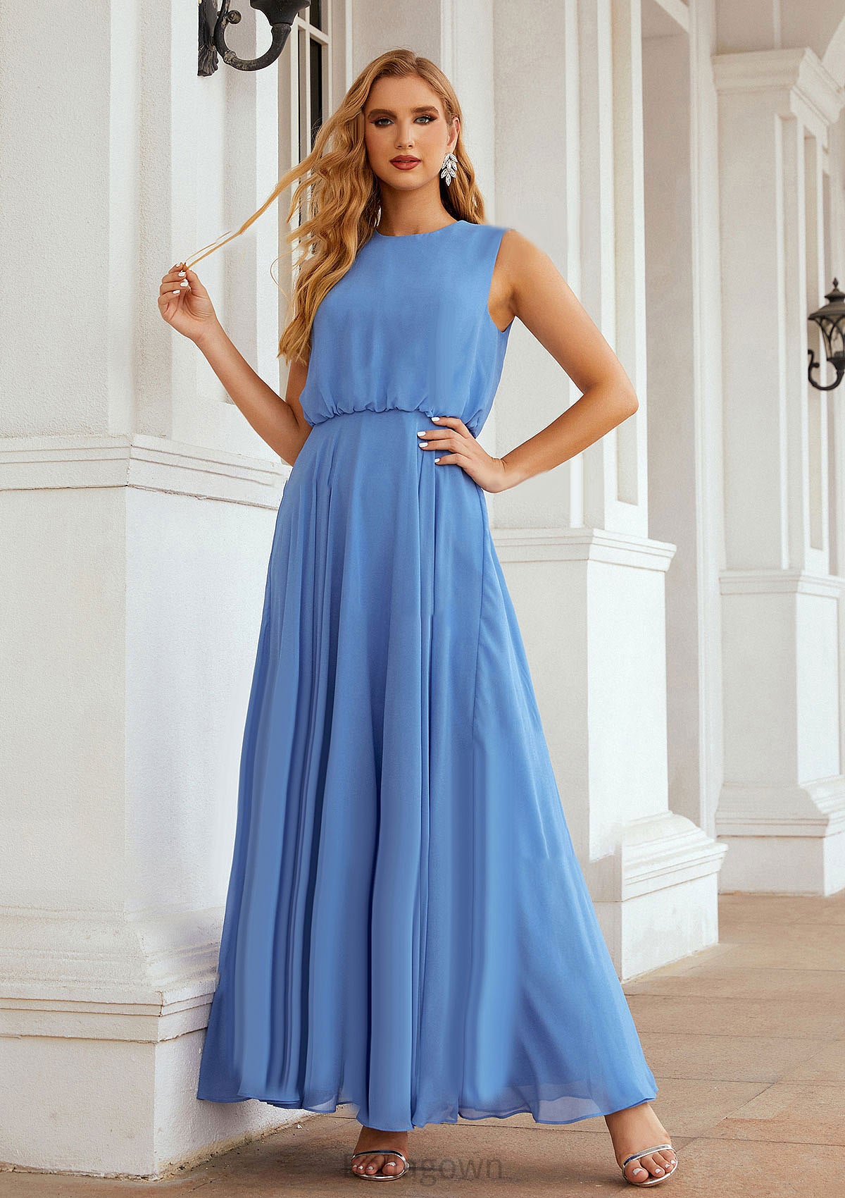 A-line Scoop Neck Sleeveless Chiffon Long/Floor-Length Bridesmaid Dresses Amiya DNP0025618