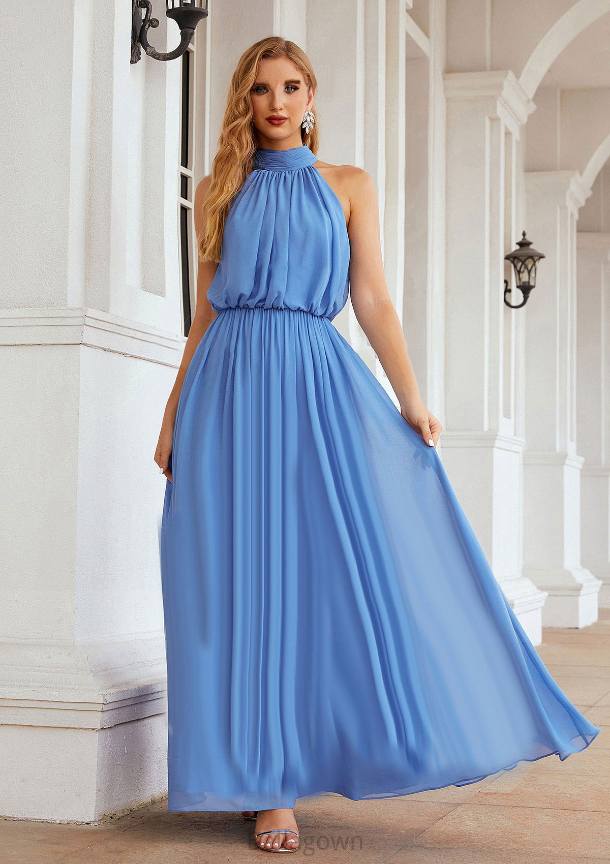 A-line Empire High-Neck Sleeveless Chiffon Long/Floor-Length Bridesmaid Dresses With Pleated Giada DNP0025619