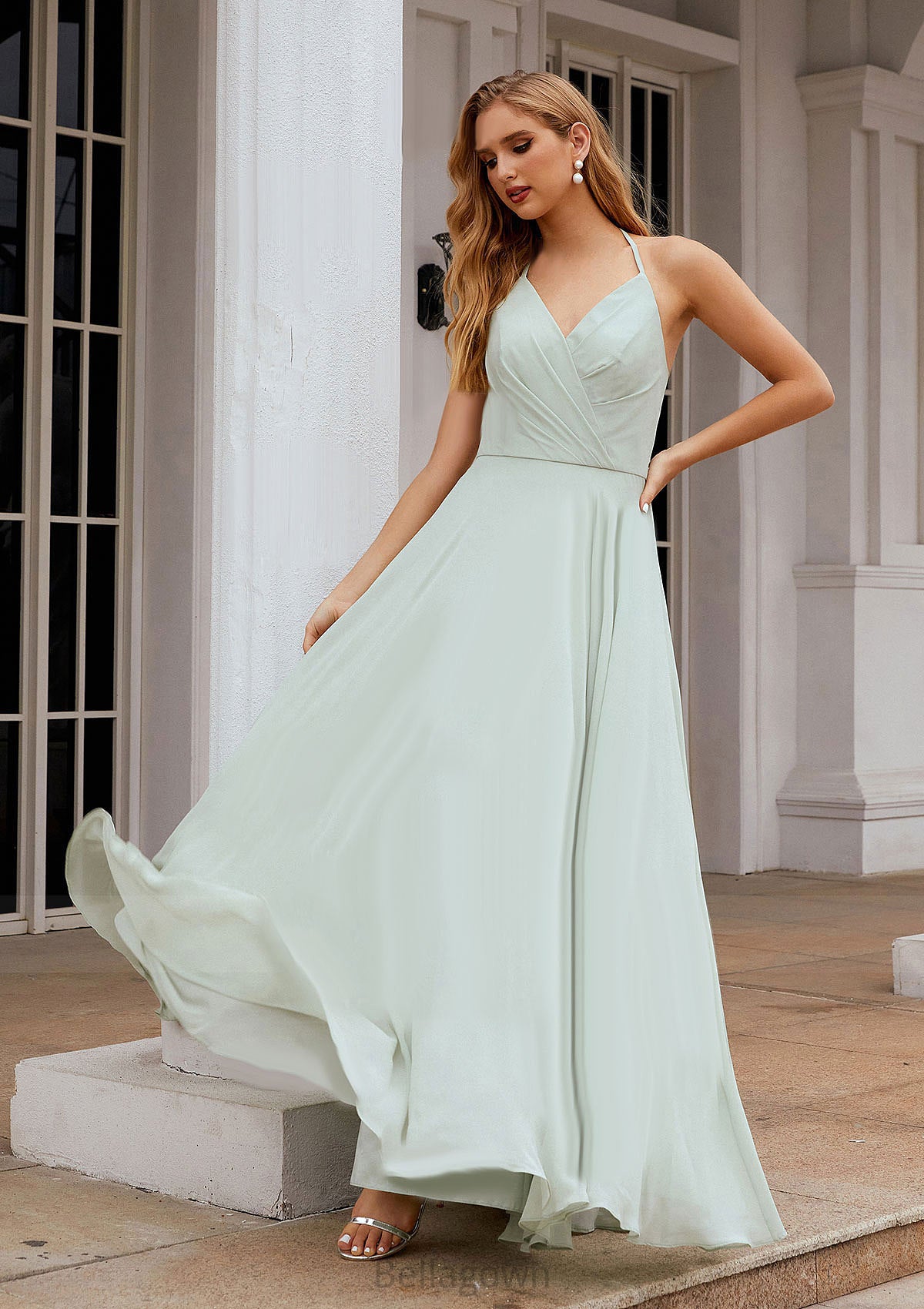 A-line Halter Sleeveless Chiffon Long/Floor-Length Bridesmaid Dresses With Pleated Ruffles Kristin DNP0025623