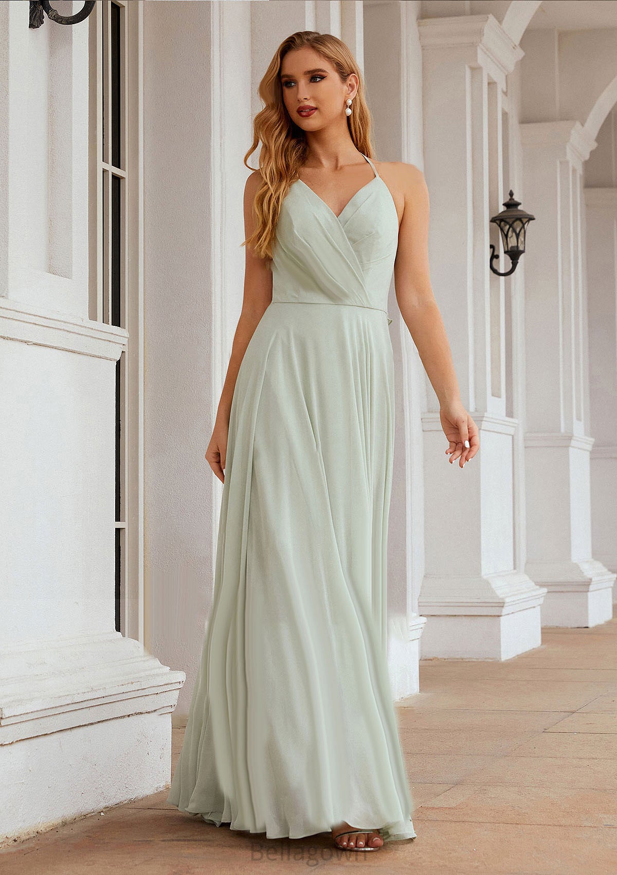 A-line Halter Sleeveless Chiffon Long/Floor-Length Bridesmaid Dresses With Pleated Ruffles Kristin DNP0025623