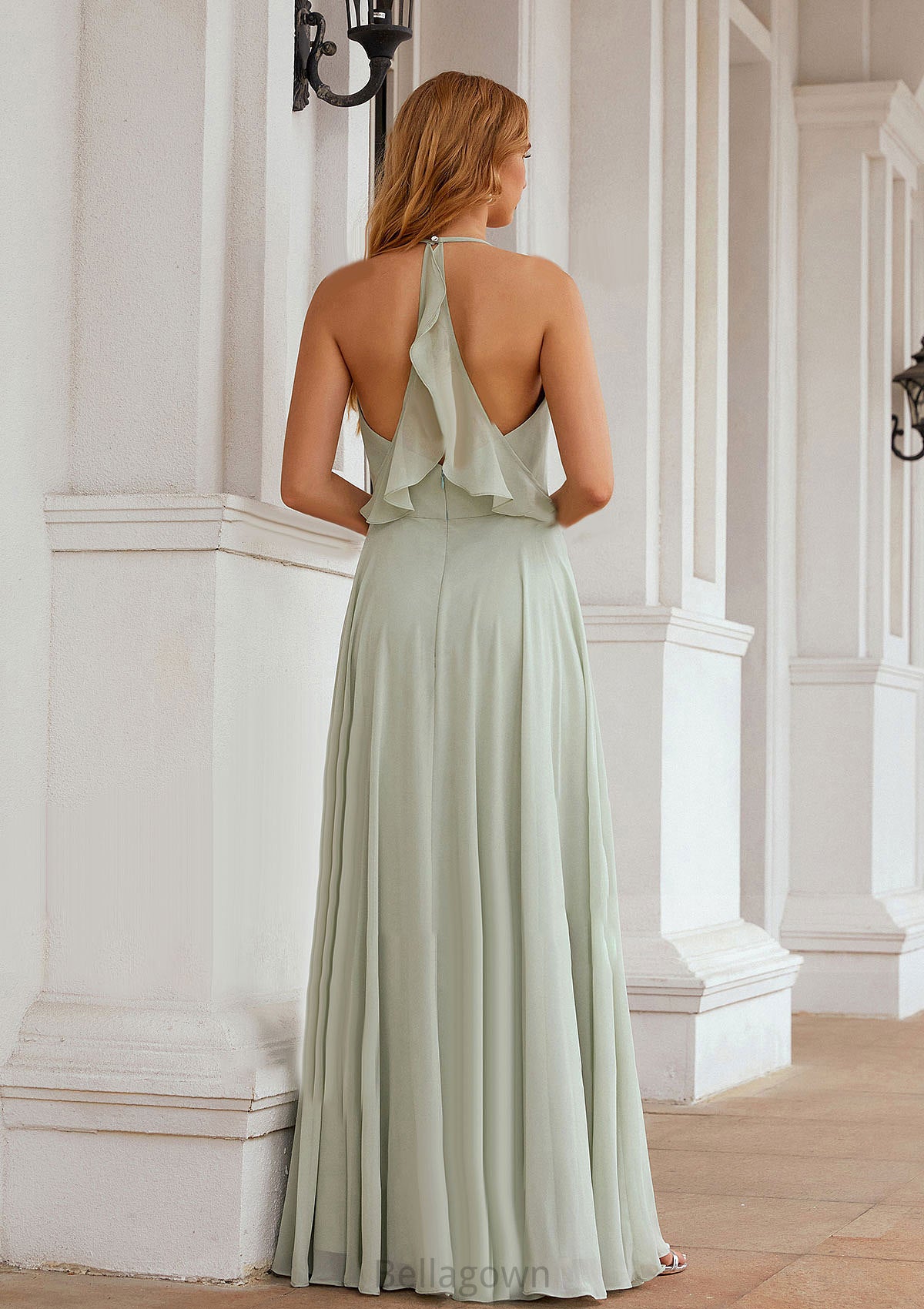 A-line Halter Sleeveless Chiffon Long/Floor-Length Bridesmaid Dresses With Pleated Ruffles Kristin DNP0025623