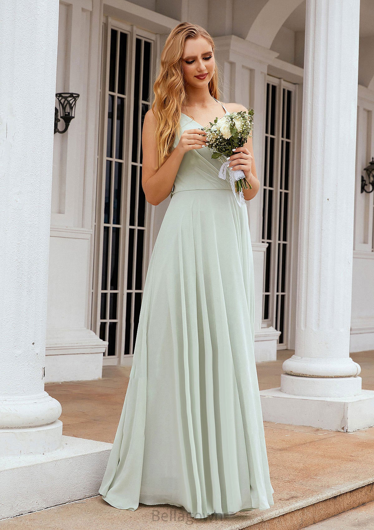 A-line Halter Sleeveless Chiffon Long/Floor-Length Bridesmaid Dresses With Pleated Ruffles Kristin DNP0025623