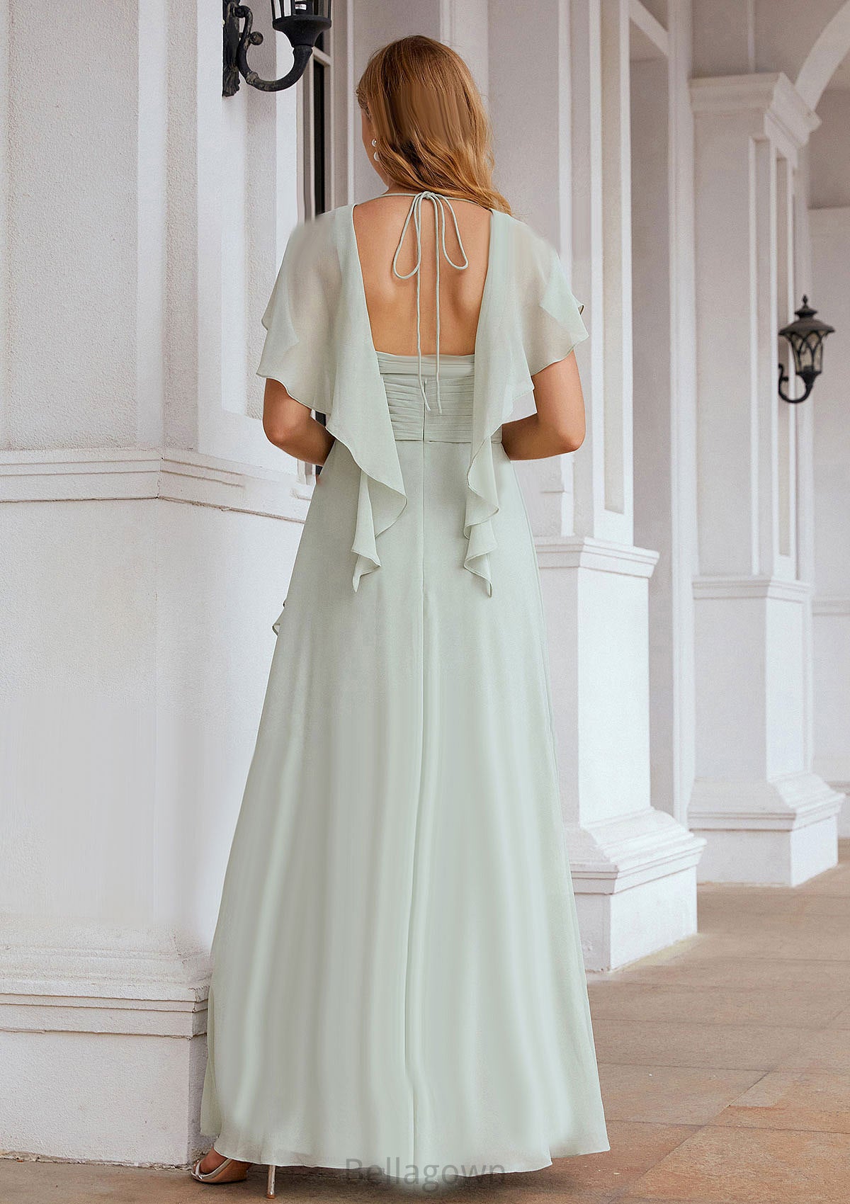 A-line V Neck Short Sleeve Chiffon Long/Floor-Length Bridesmaid Dresses With Pleated Ruffles Lucinda DNP0025626