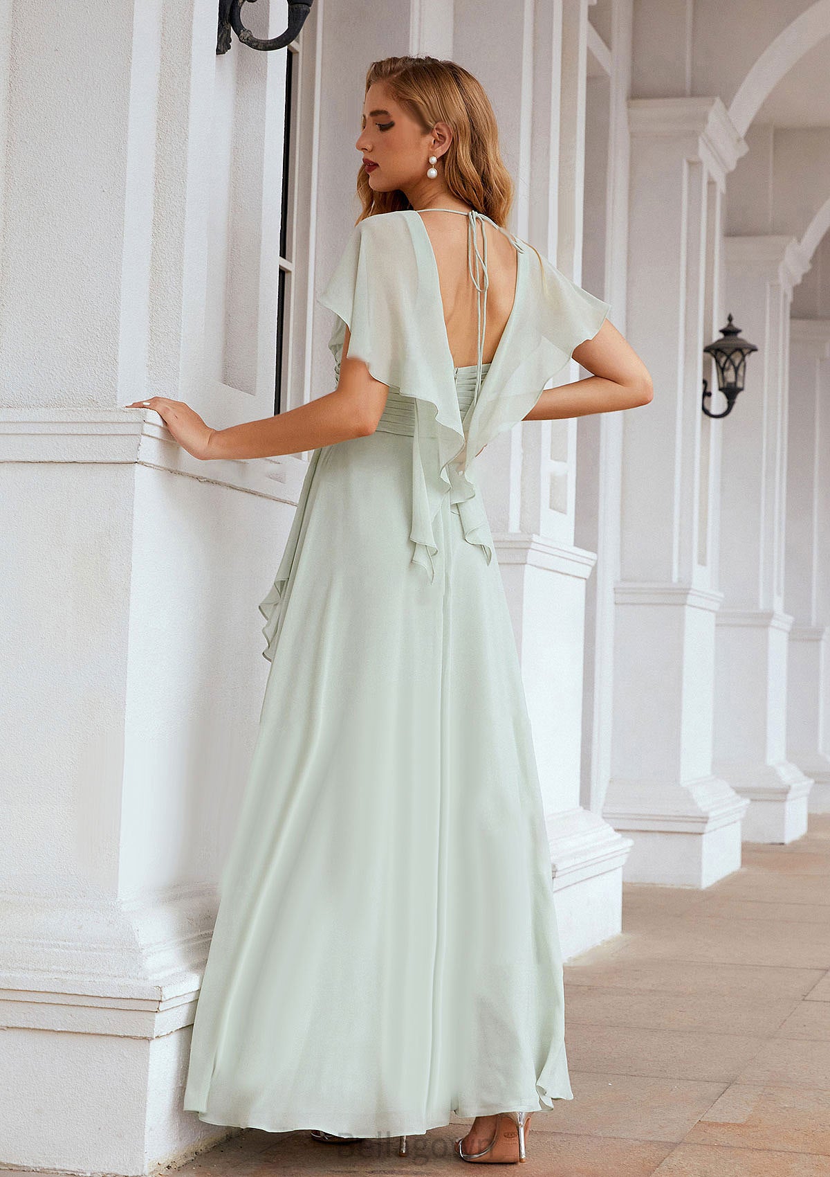 A-line V Neck Short Sleeve Chiffon Long/Floor-Length Bridesmaid Dresses With Pleated Ruffles Lucinda DNP0025626