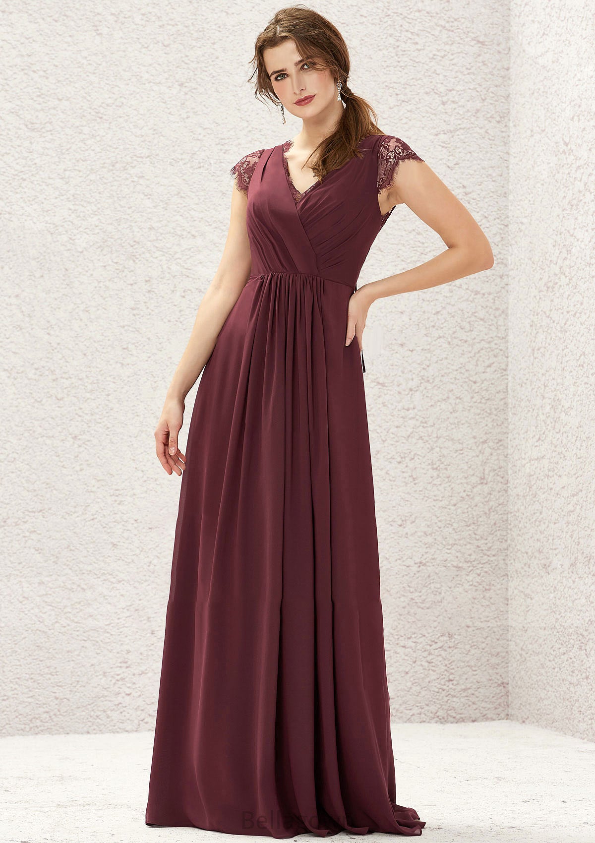 A-line V Neck Sleeveless Chiffon Long/Floor-Length Bridesmaid Dresses With Pleated Lace Rowan DNP0025627