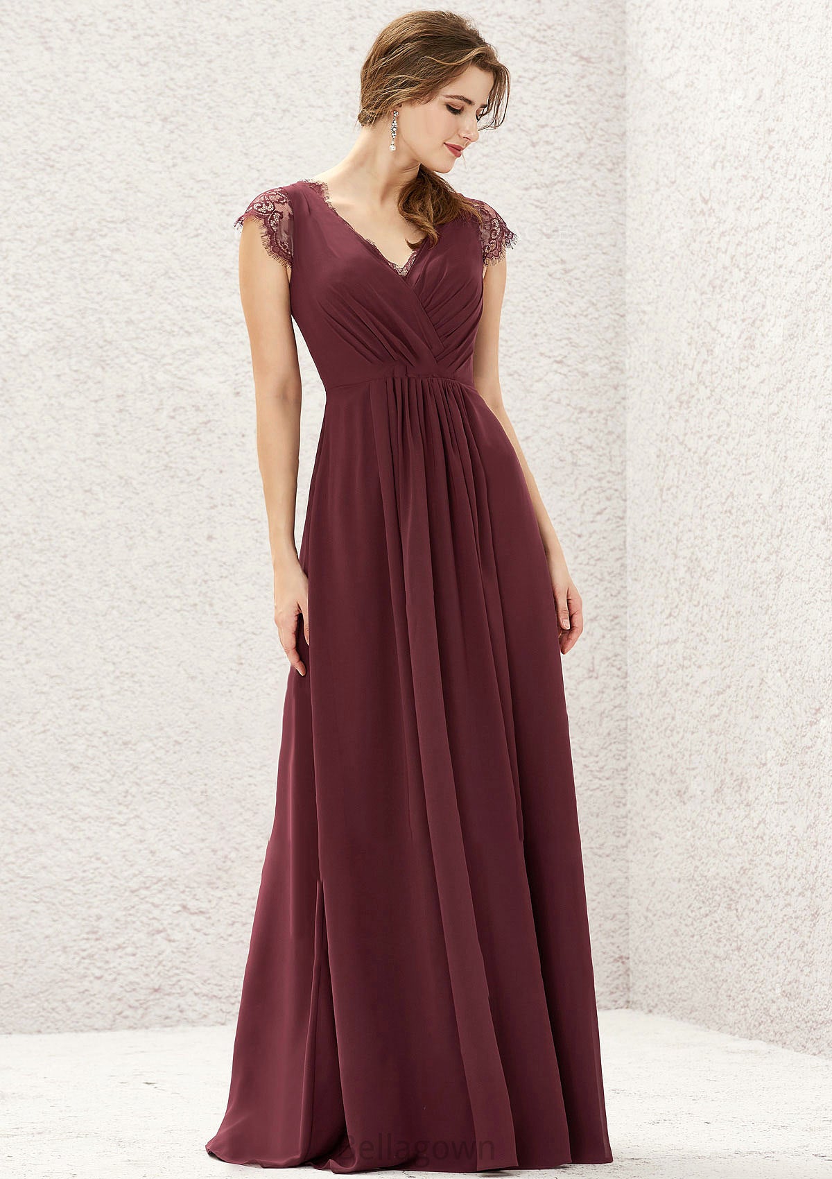 A-line V Neck Sleeveless Chiffon Long/Floor-Length Bridesmaid Dresses With Pleated Lace Rowan DNP0025627