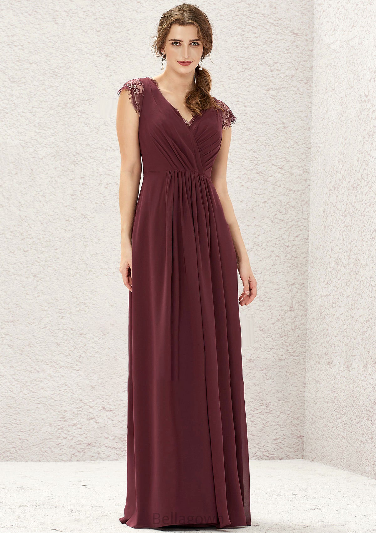 A-line V Neck Sleeveless Chiffon Long/Floor-Length Bridesmaid Dresses With Pleated Lace Rowan DNP0025627