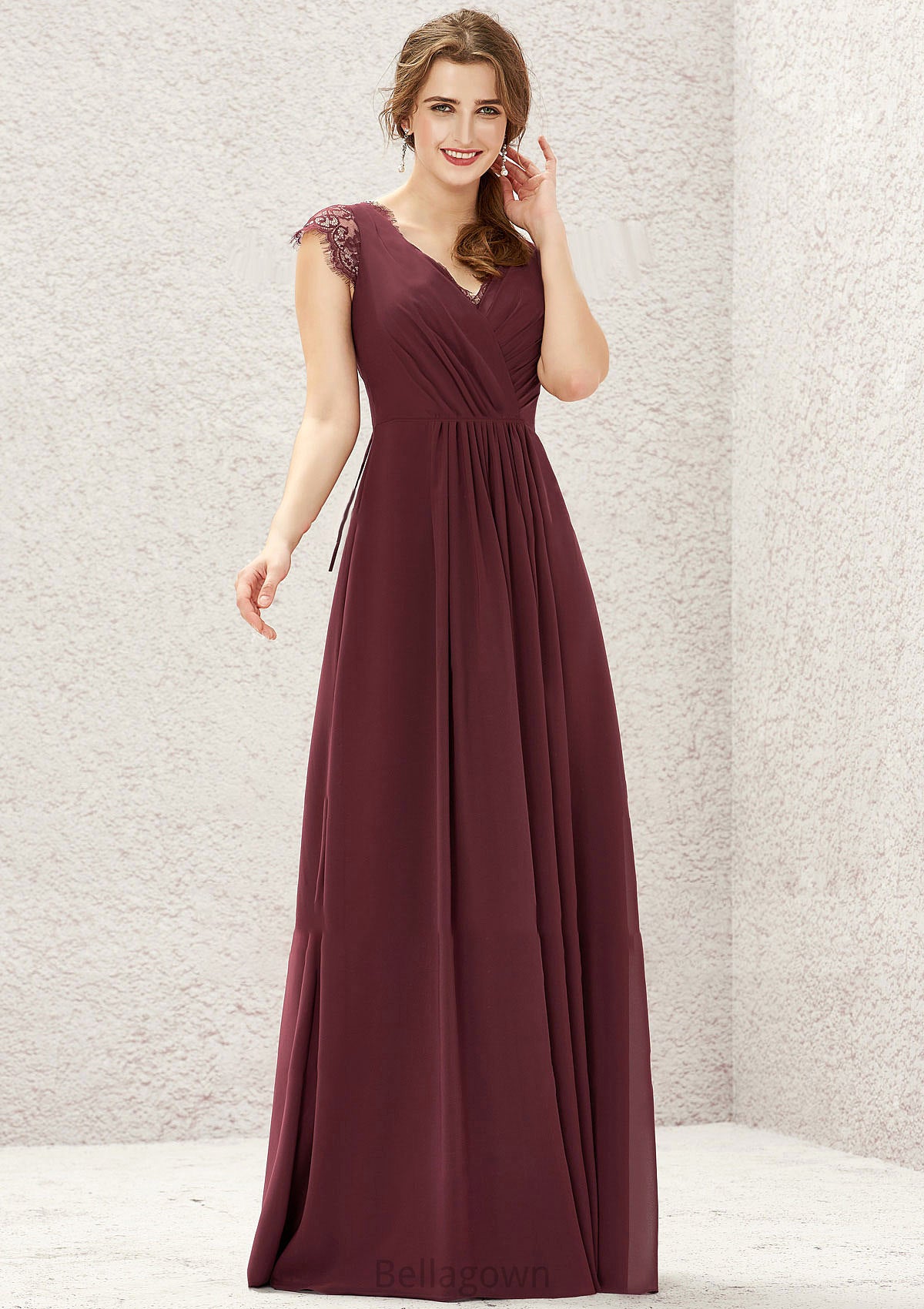 A-line V Neck Sleeveless Chiffon Long/Floor-Length Bridesmaid Dresses With Pleated Lace Rowan DNP0025627