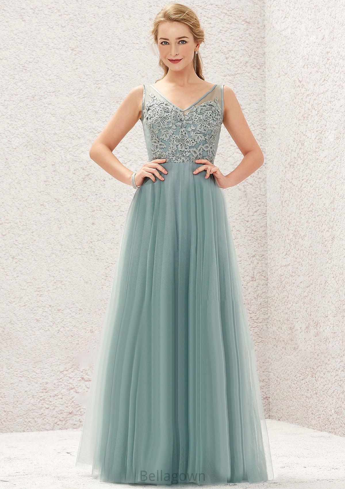 A-line V Neck Sleeveless Tulle Long/Floor-Length Bridesmaid Dresses With Lace Anahi DNP0025628