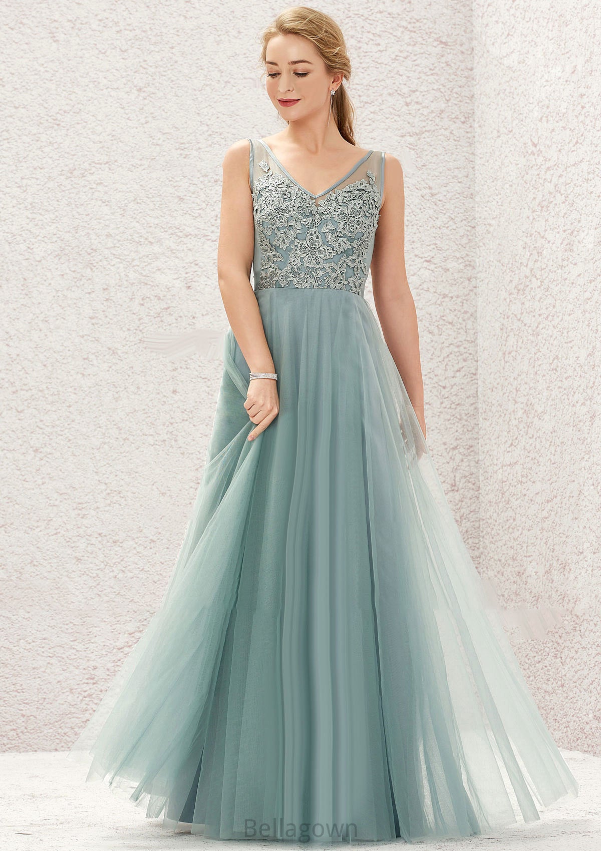 A-line V Neck Sleeveless Tulle Long/Floor-Length Bridesmaid Dresses With Lace Anahi DNP0025628