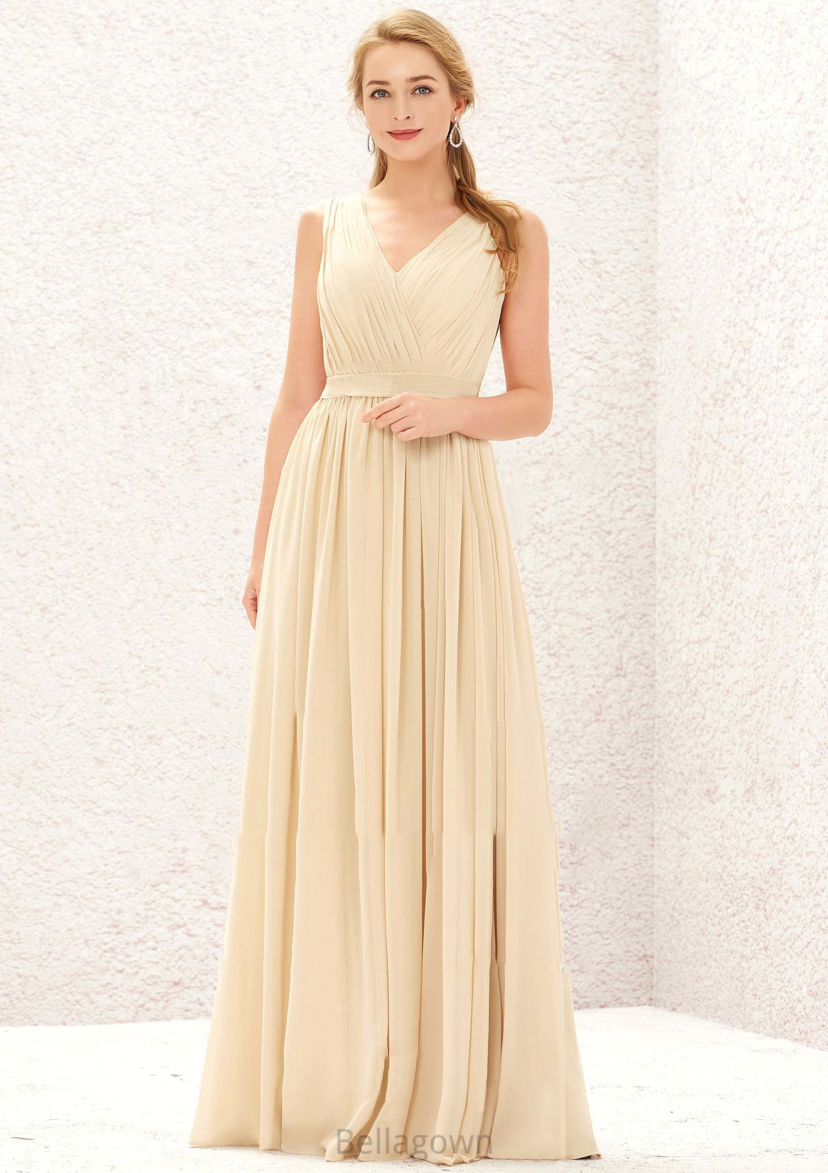 A-line V Neck Sleeveless Chiffon Long/Floor-Length Bridesmaid Dresses With Appliqued Sashes Pleated Greta DNP0025630