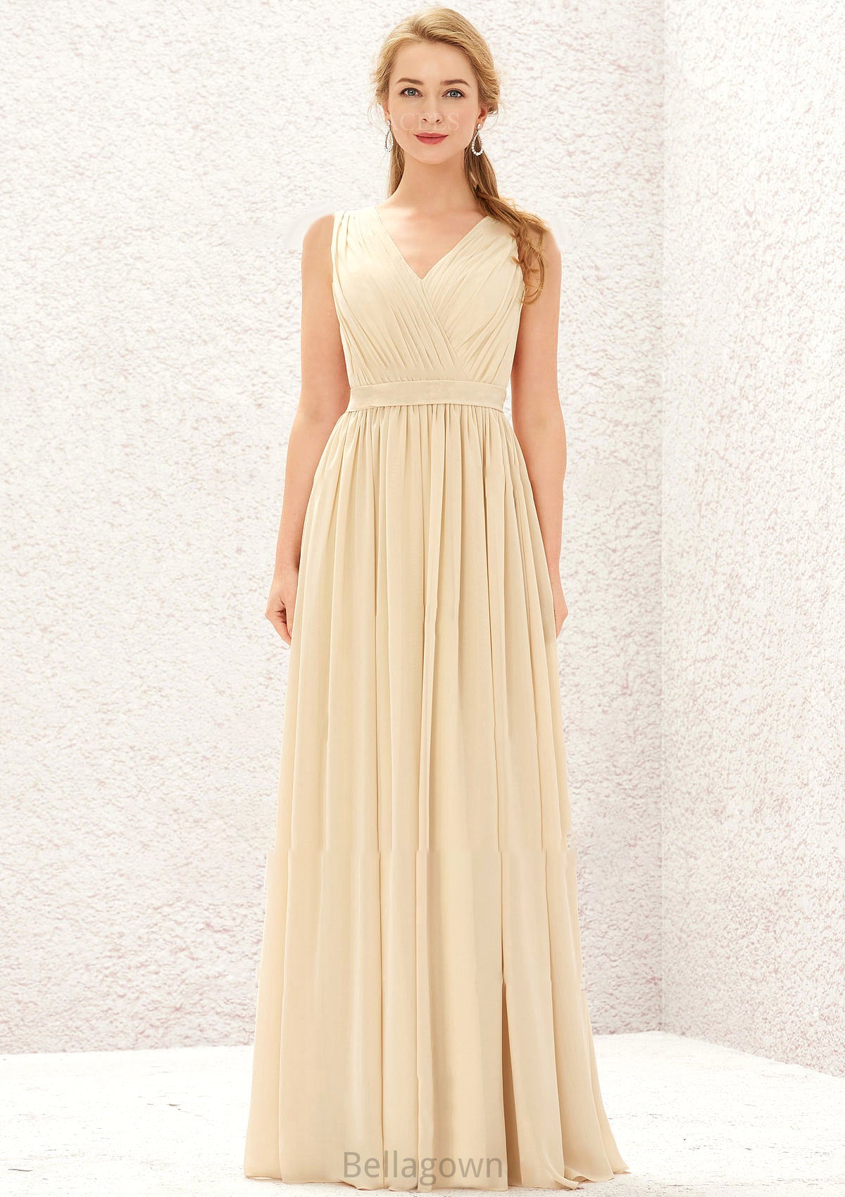 A-line V Neck Sleeveless Chiffon Long/Floor-Length Bridesmaid Dresses With Appliqued Sashes Pleated Greta DNP0025630