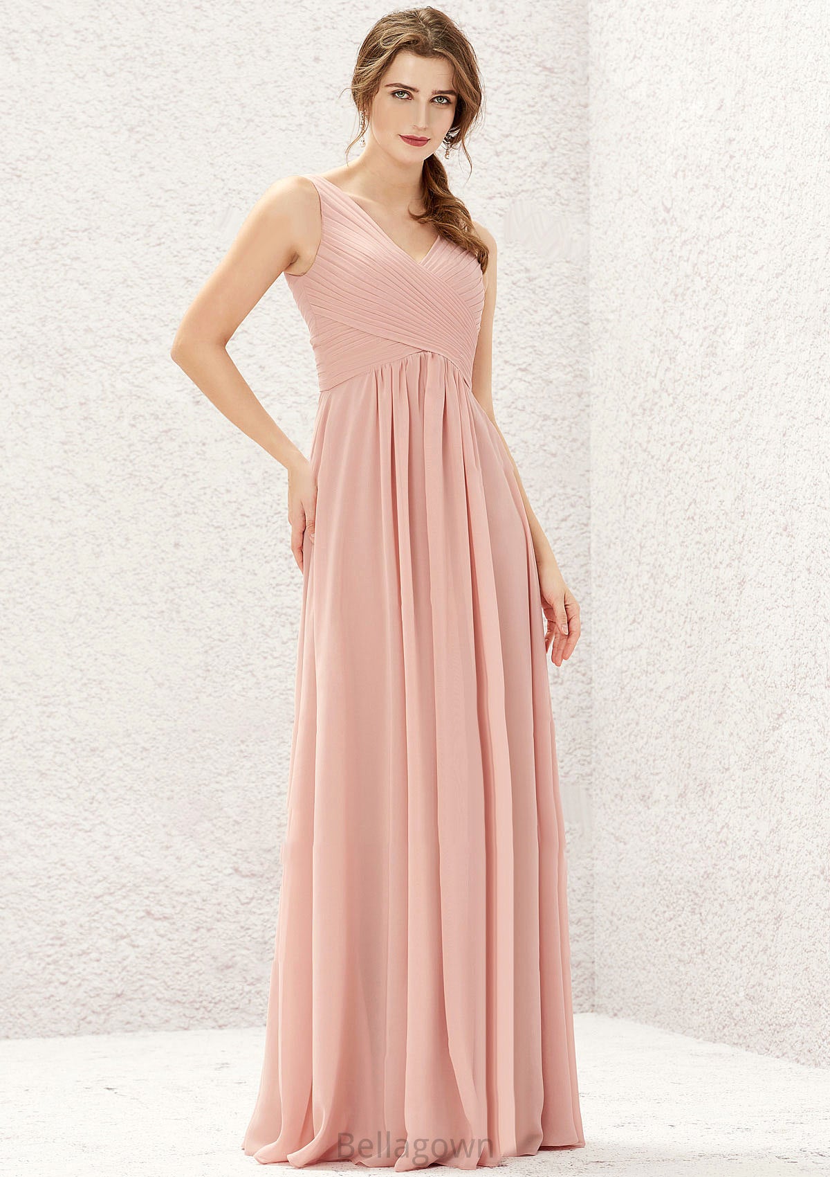 A-line V Neck Sleeveless Chiffon Long/Floor-Length Bridesmaid Dresses With Pleated Elena DNP0025632