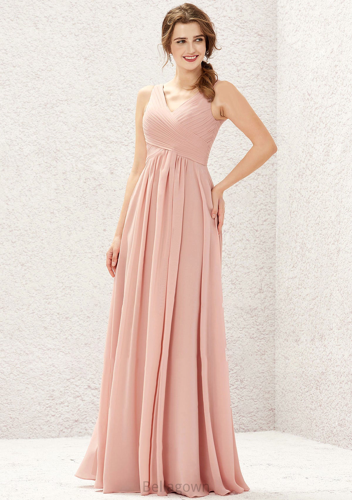 A-line V Neck Sleeveless Chiffon Long/Floor-Length Bridesmaid Dresses With Pleated Elena DNP0025632