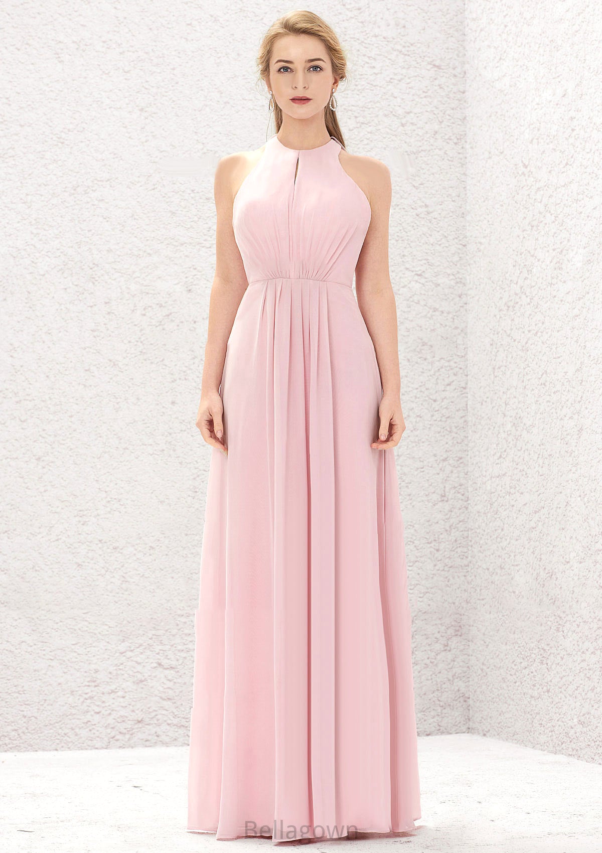 A-line Halter Sleeveless Chiffon Long/Floor-Length Bridesmaid Dresses With Pleated Abbie DNP0025634