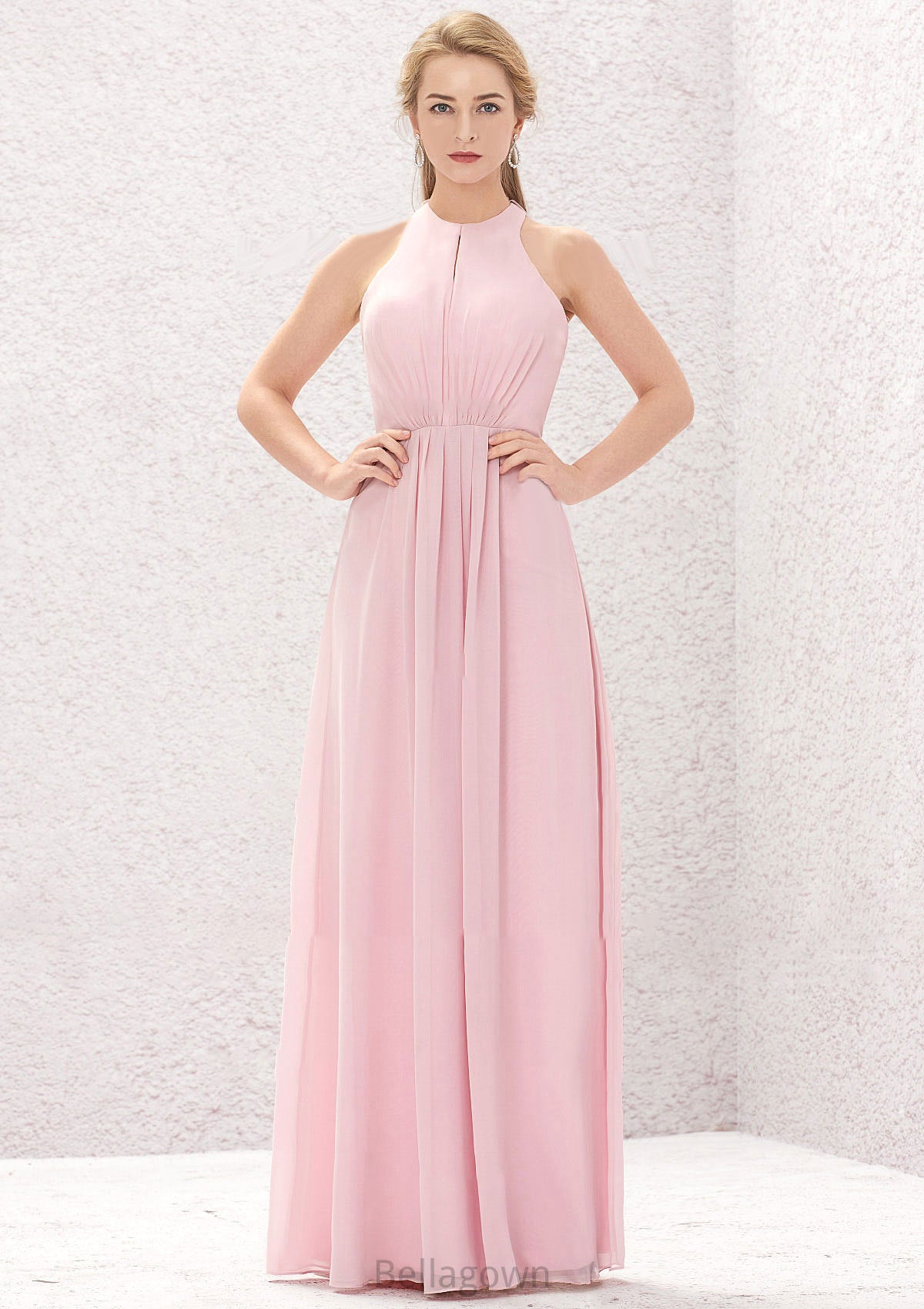 A-line Halter Sleeveless Chiffon Long/Floor-Length Bridesmaid Dresses With Pleated Abbie DNP0025634