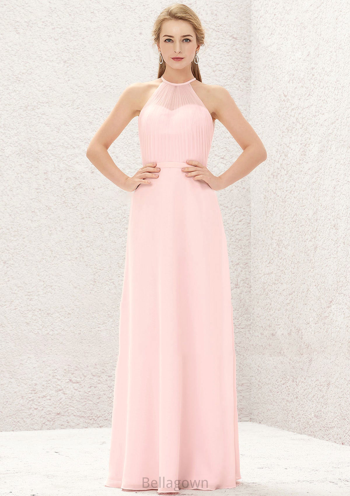 A-line Halter Sleeveless Chiffon Long/Floor-Length Bridesmaid Dresses Joanna DNP0025635