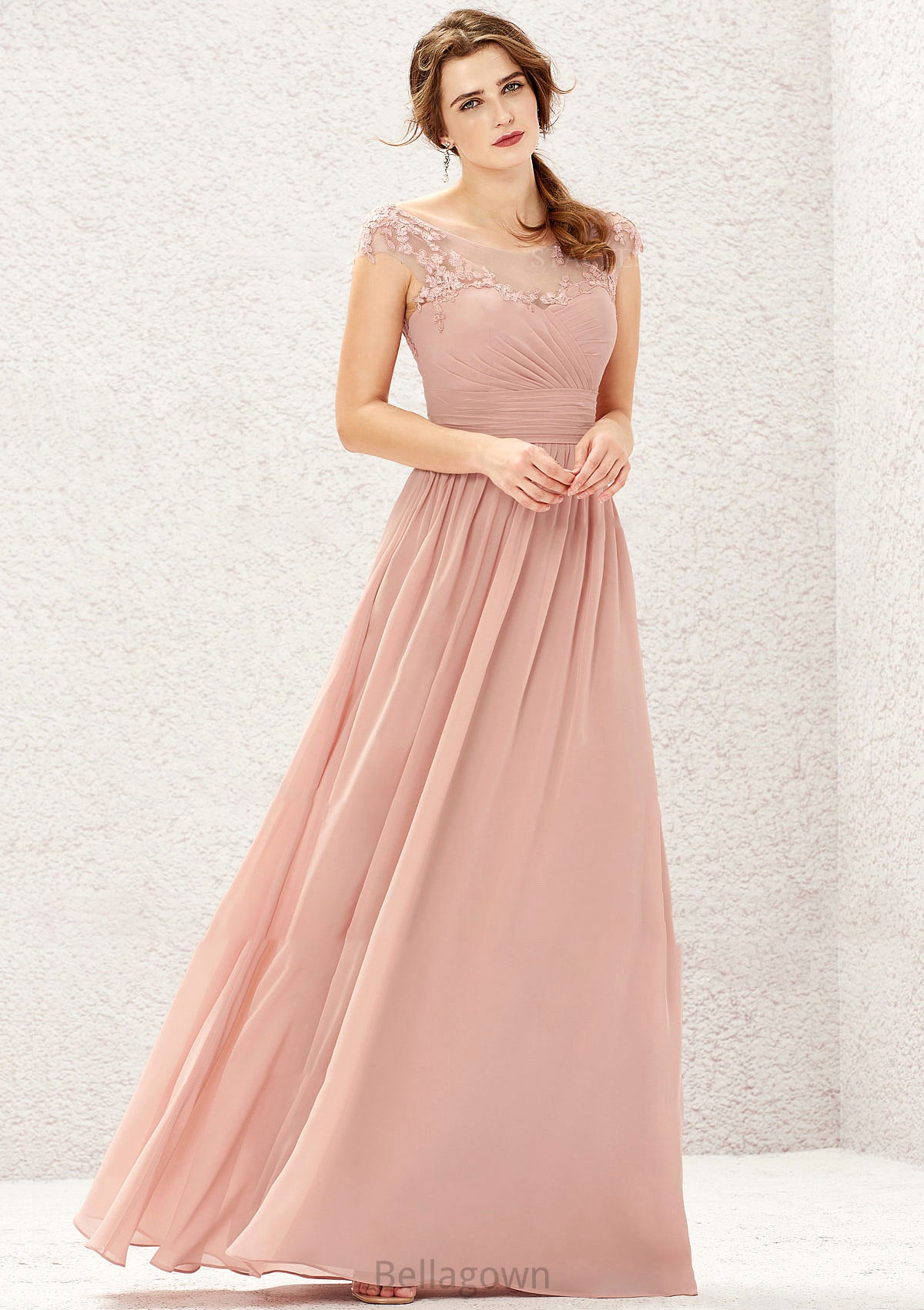 A-line Illusion Neck Sleeveless Chiffon Long/Floor-Length Bridesmaid Dresses With Appliqued Pleated Daphne DNP0025636