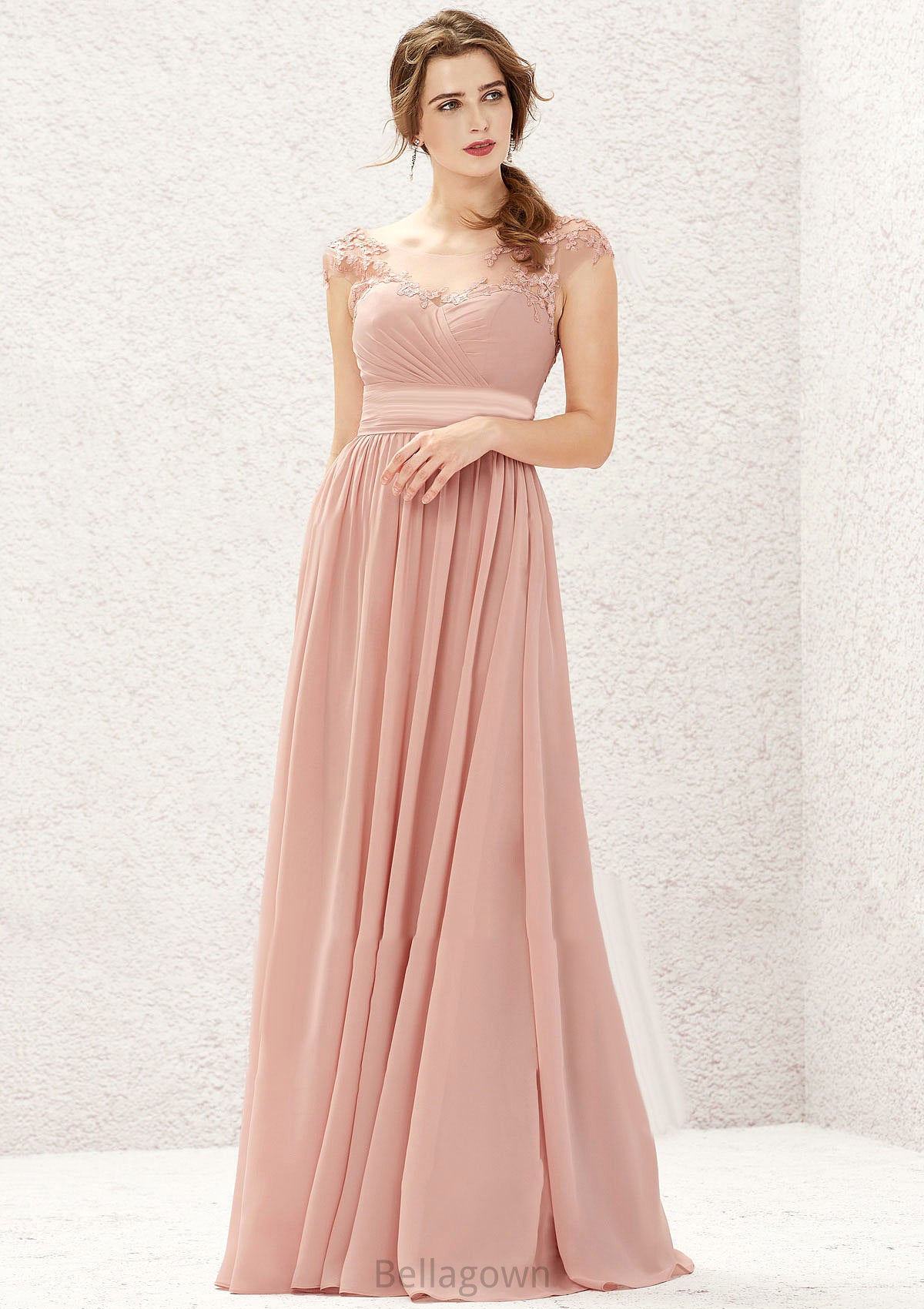 A-line Illusion Neck Sleeveless Chiffon Long/Floor-Length Bridesmaid Dresses With Appliqued Pleated Daphne DNP0025636