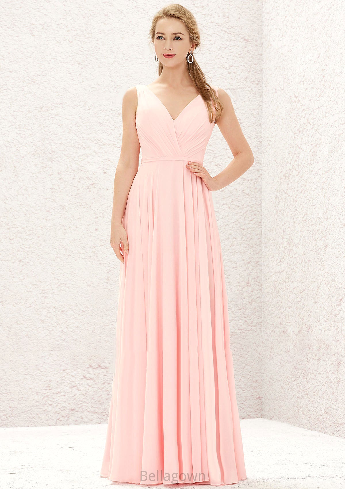 A-line V Neck Sleeveless Chiffon Long/Floor-Length Bridesmaid Dresses With Pleated Julia DNP0025637