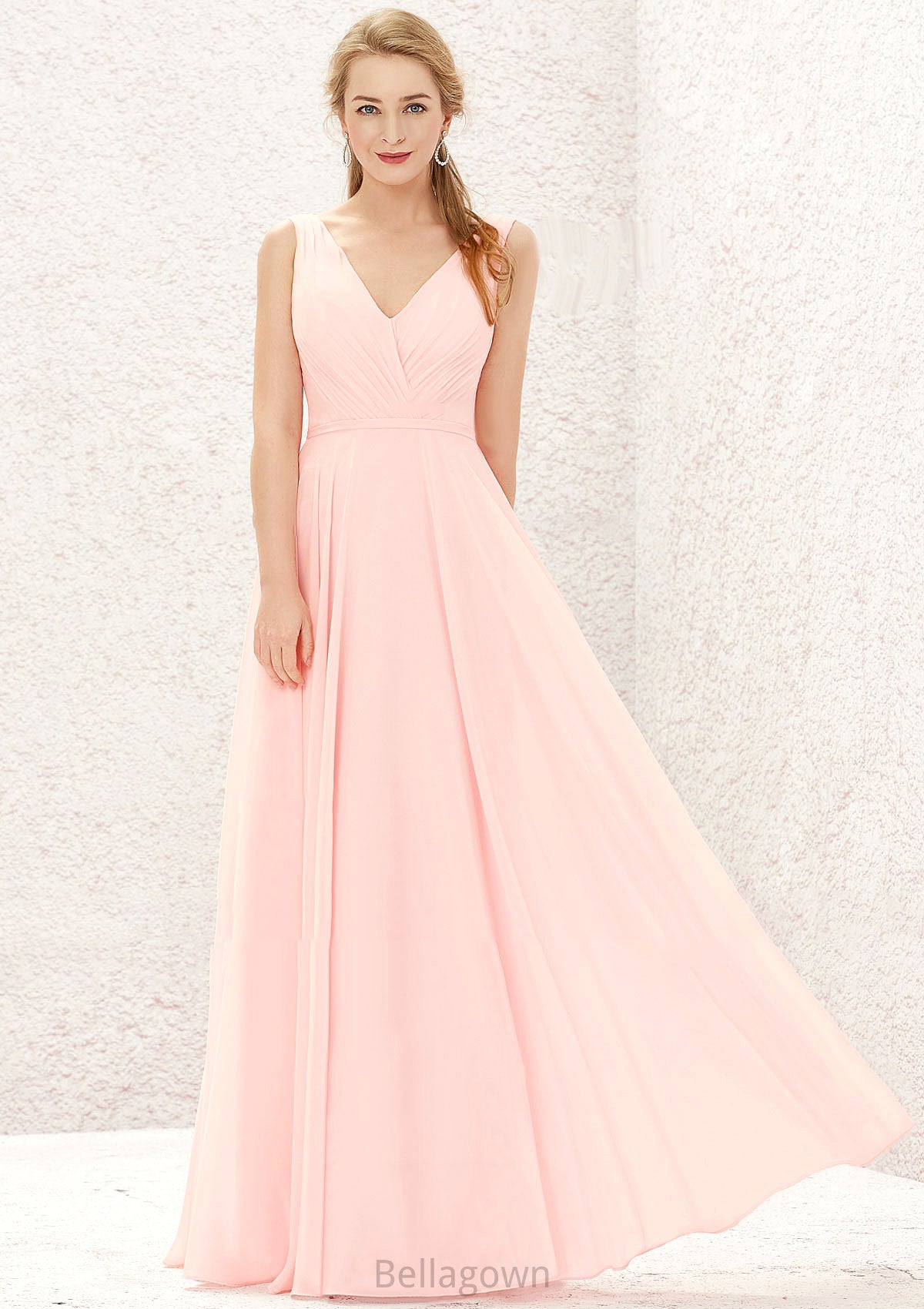 A-line V Neck Sleeveless Chiffon Long/Floor-Length Bridesmaid Dresses With Pleated Julia DNP0025637