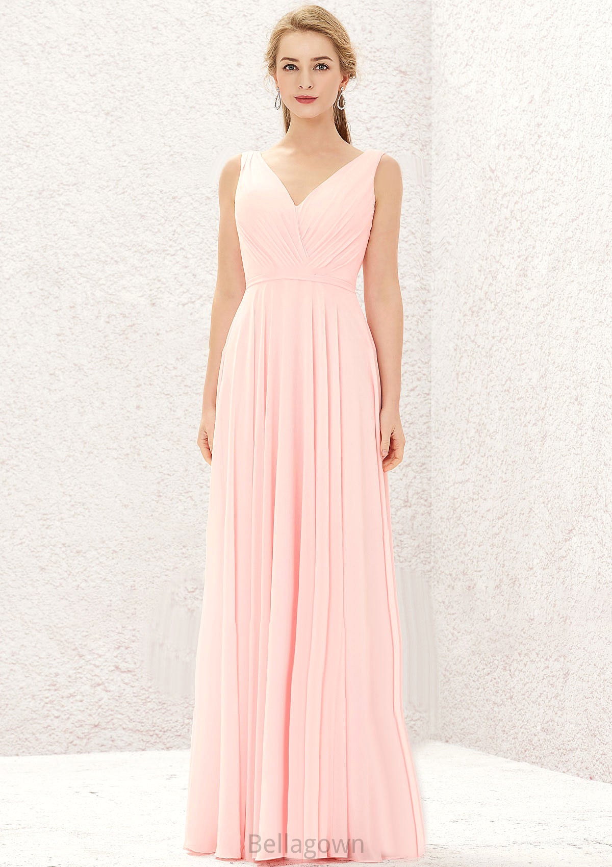 A-line V Neck Sleeveless Chiffon Long/Floor-Length Bridesmaid Dresses With Pleated Julia DNP0025637