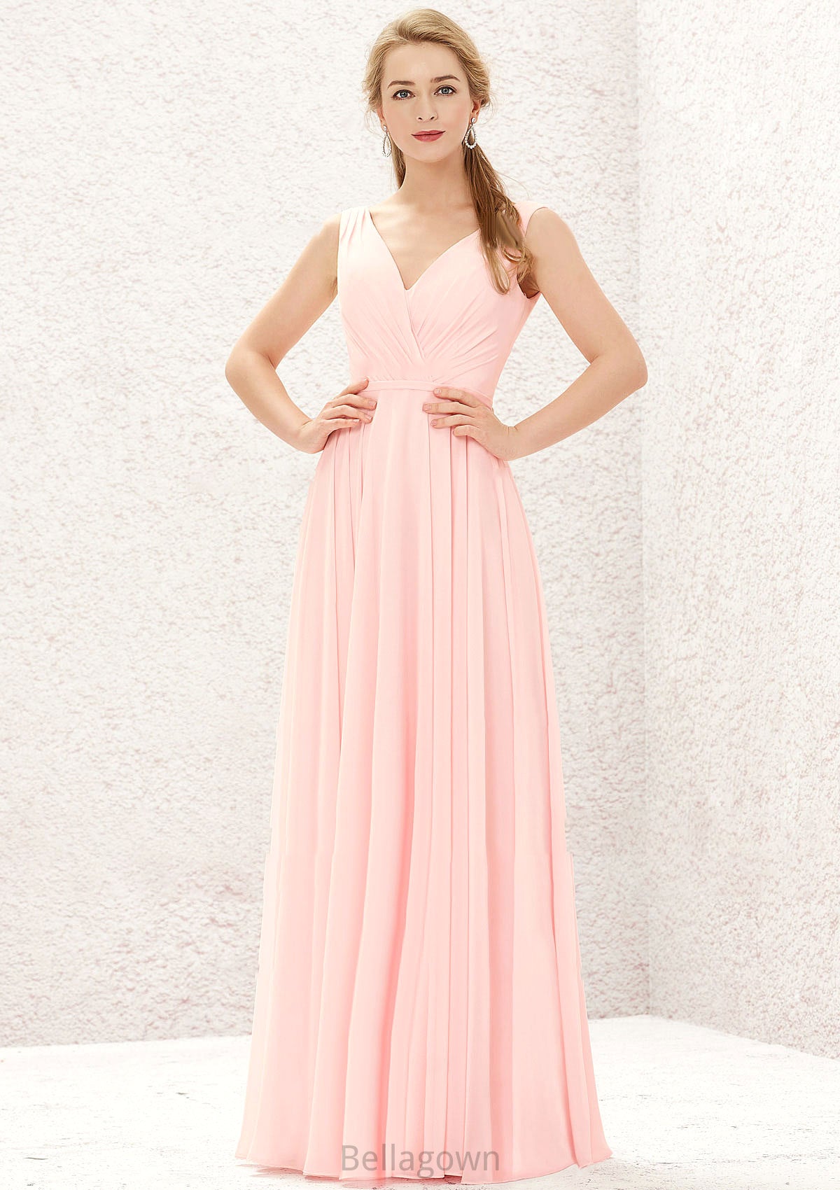 A-line V Neck Sleeveless Chiffon Long/Floor-Length Bridesmaid Dresses With Pleated Julia DNP0025637