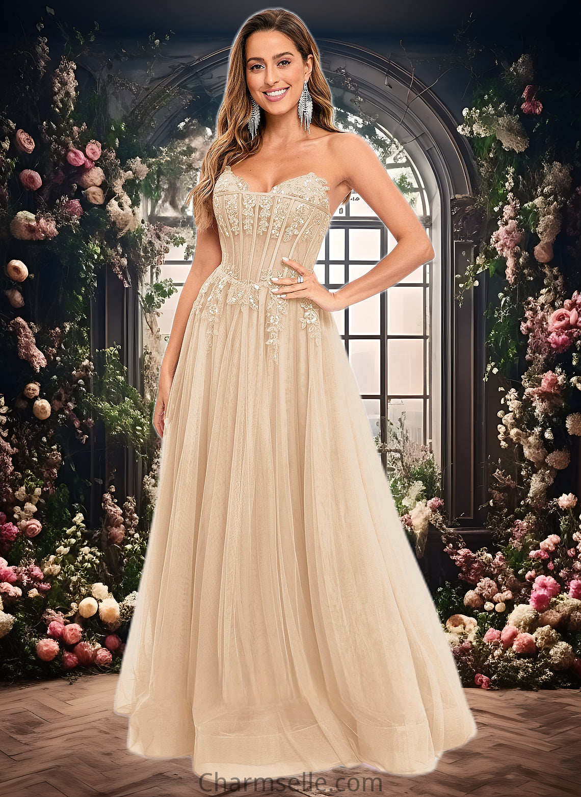 Aliza Ball-Gown/Princess V-Neck Floor-Length Tulle Prom Dresses With Sequins Appliques Lace DNP0025837