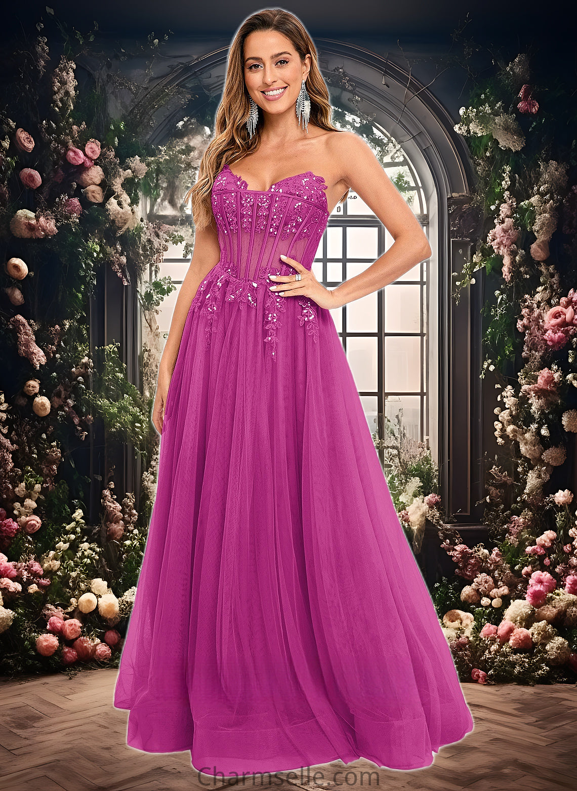 Aliza Ball-Gown/Princess V-Neck Floor-Length Tulle Prom Dresses With Sequins Appliques Lace DNP0025837