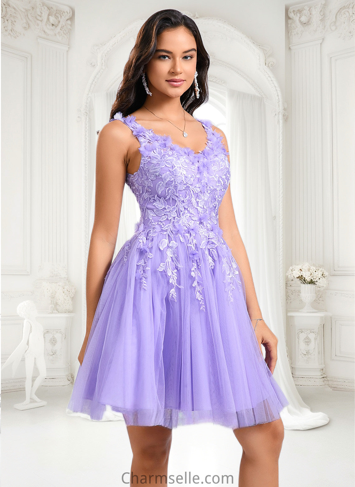 Danna Ball-Gown/Princess V-Neck Short Lace Tulle Homecoming Dress With Flower DNP0025656