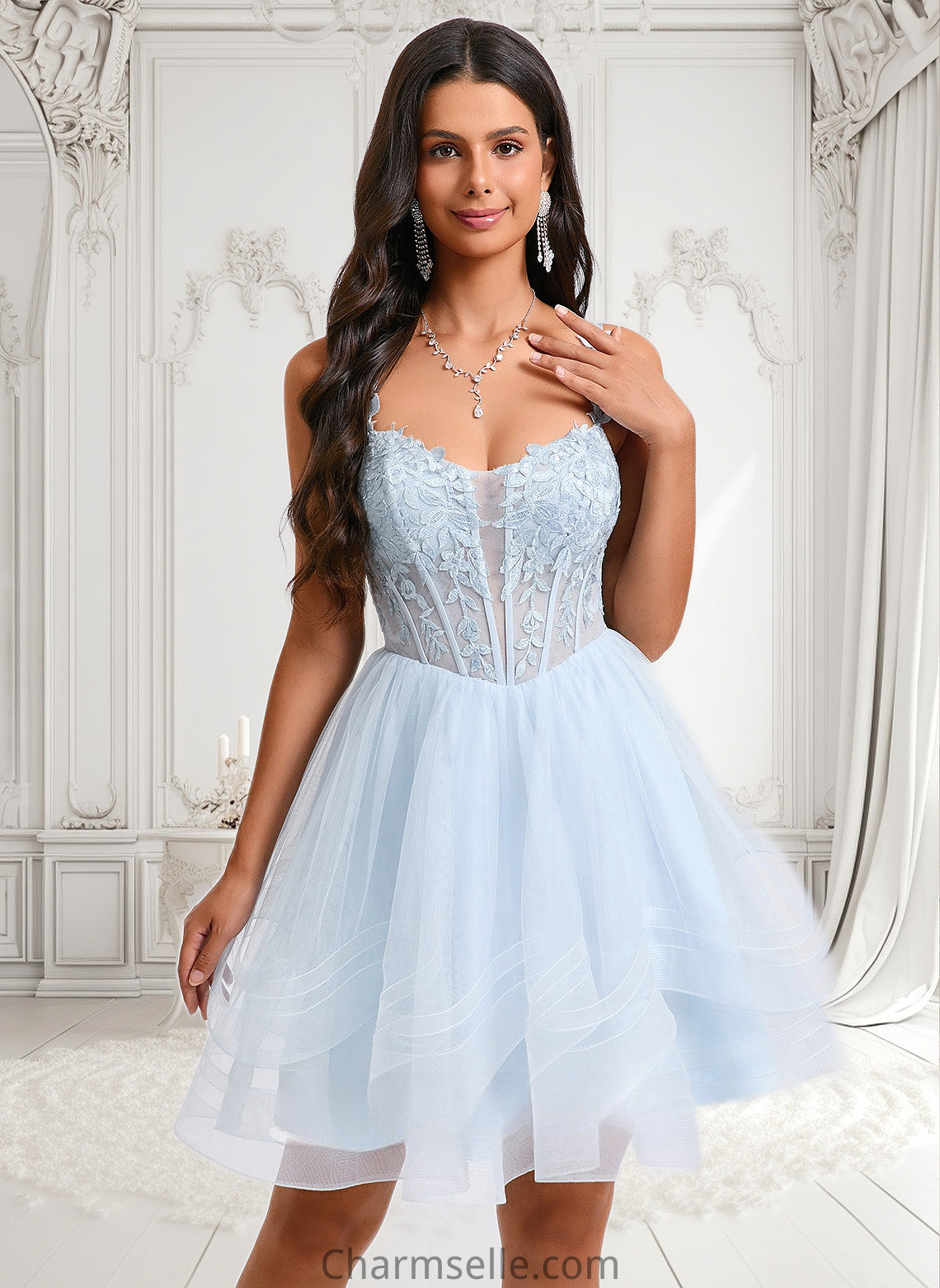 Vicky Ball-Gown/Princess Scoop Short Tulle Homecoming Dress With Appliques Lace DNP0025659