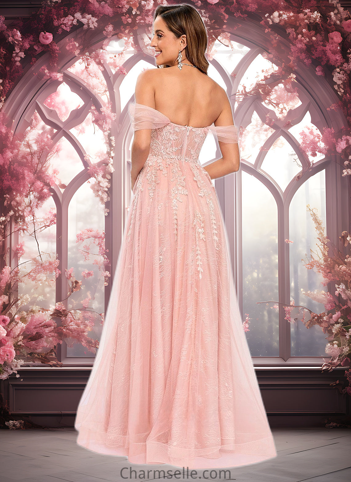 Leilani A-line Sweetheart Off the Shoulder Floor-Length Tulle Floral Lace Prom Dresses With Appliques Lace DNP0025870