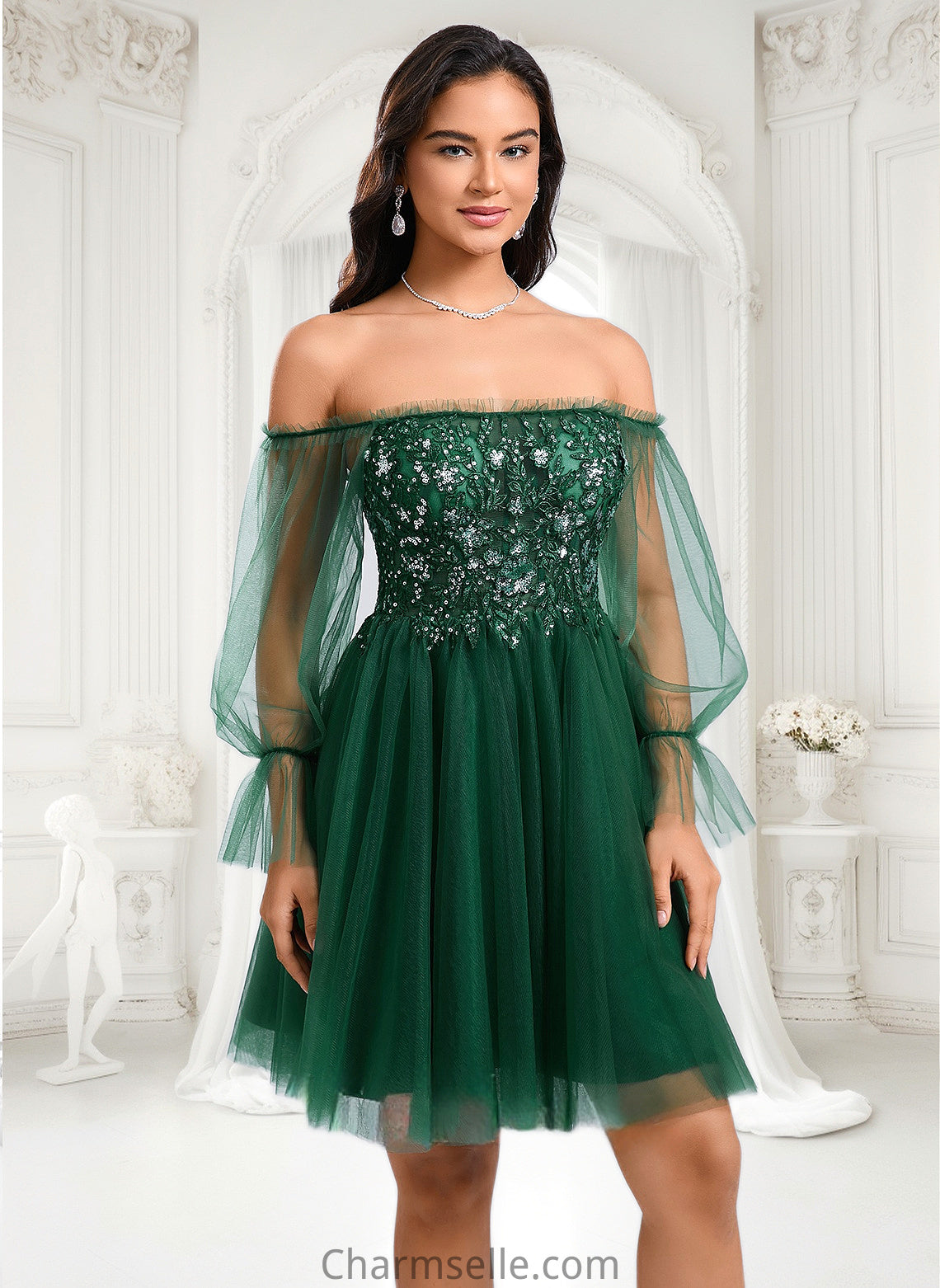 Eliza A-line Off the Shoulder Short Tulle Homecoming Dress With Sequins Appliques Lace DNP0025663