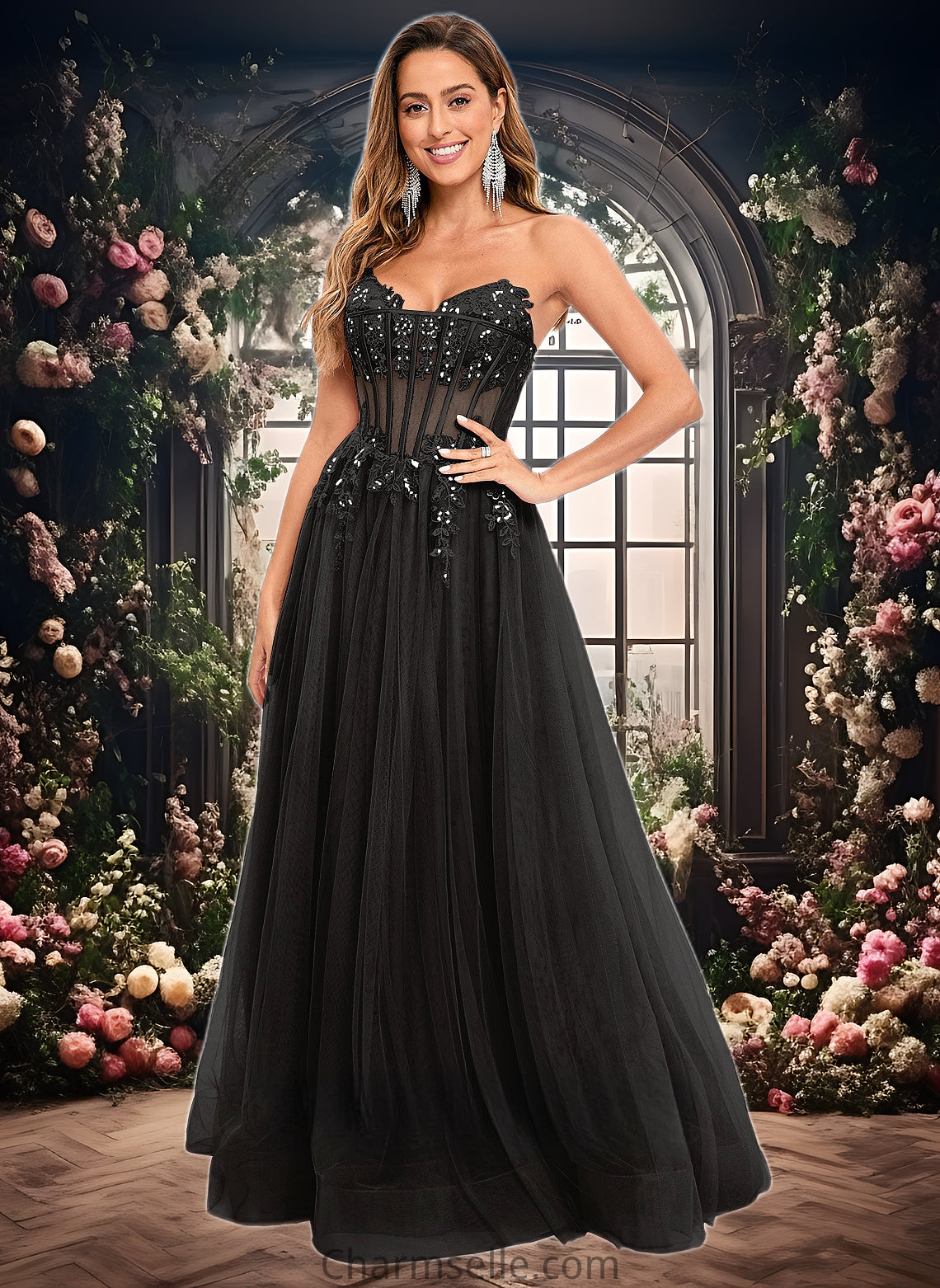 Aliza Ball-Gown/Princess V-Neck Floor-Length Tulle Prom Dresses With Sequins Appliques Lace DNP0025837